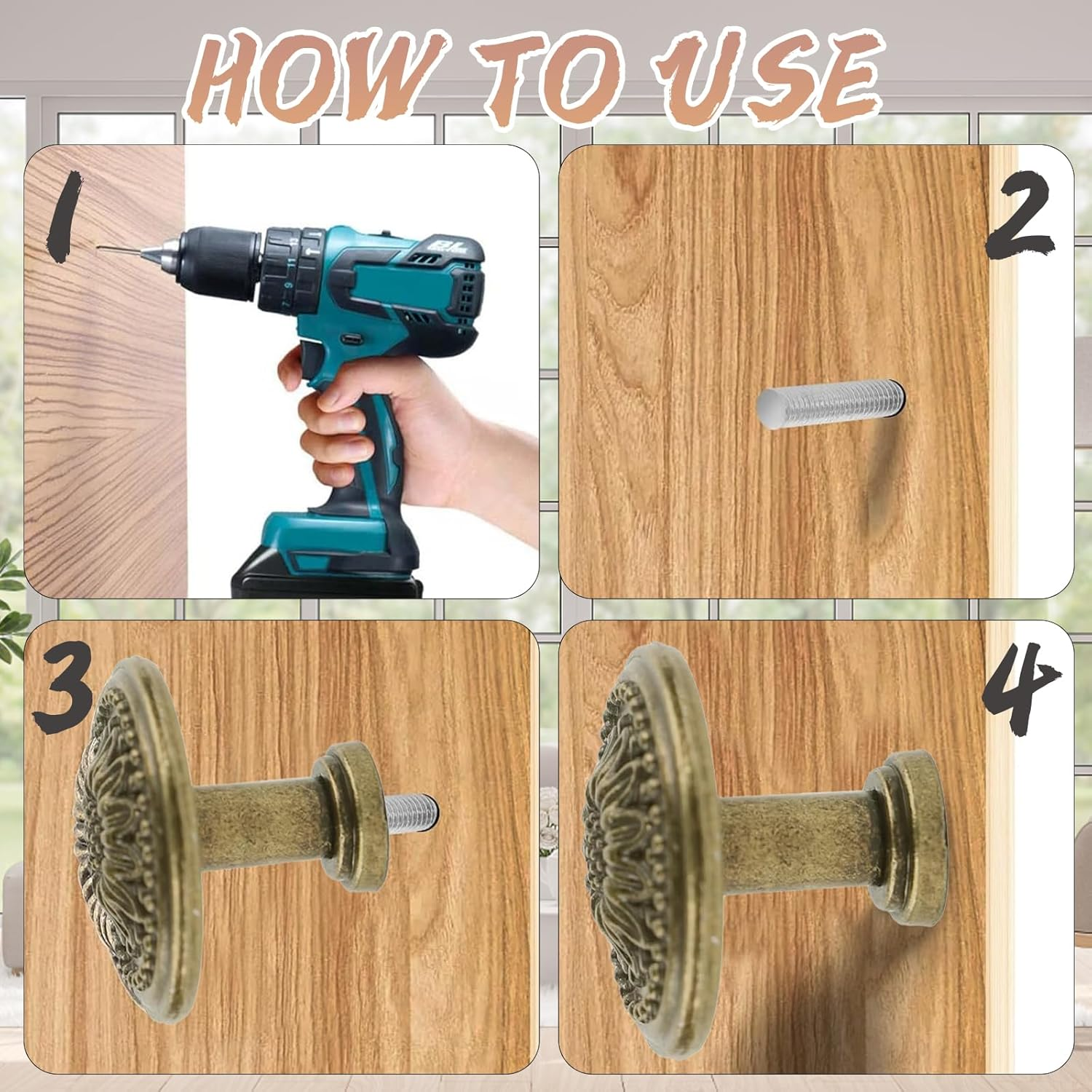 Zcrprn Drawer Knobs, 10 PCS Antique Brass Kitchen Cupboard Handles, Vintage Floral Pattern Drawer Handles, Cabinet Knobs for Chest of Drawers, Furniture Cabinets, Dressers, Wardrobe Doors image number 5