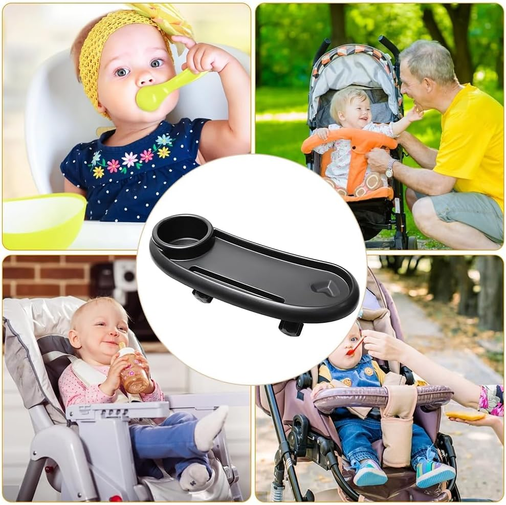 3 in 1 Stroller Cup Holder, Removable Baby Snack Tray, Universal Baby Dinner Table, Tray with Adjustable Buckle and Hooks, Non-Slip Grip Clip for Stroller Bar (Black) image number 1