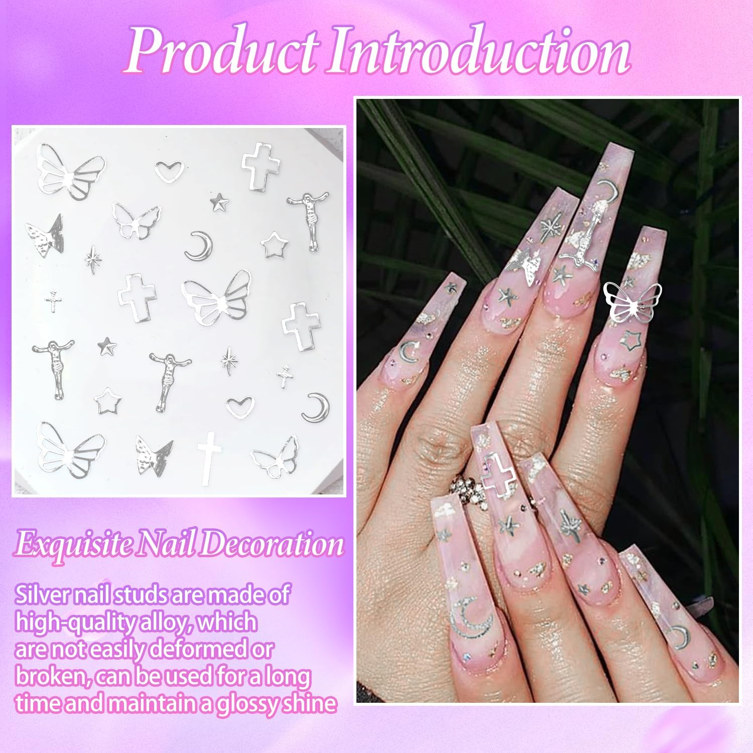 3D Nail Charms and Gems, White Flower Nail Pearls, Polar Clear Butterfly Bear Bows Nails Art Charm, Silver Cherry Star Heart Studs Jewelry Charms for Nails Art Design - Color-Set1 image number 4