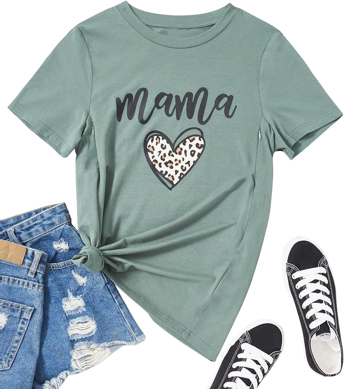 Women Maternity Nursing Shirt Funny Mama Shirt Cute Leopard Heart Graphic Tees Friendly Zip Maternity Breastfeeding Tops image number 3