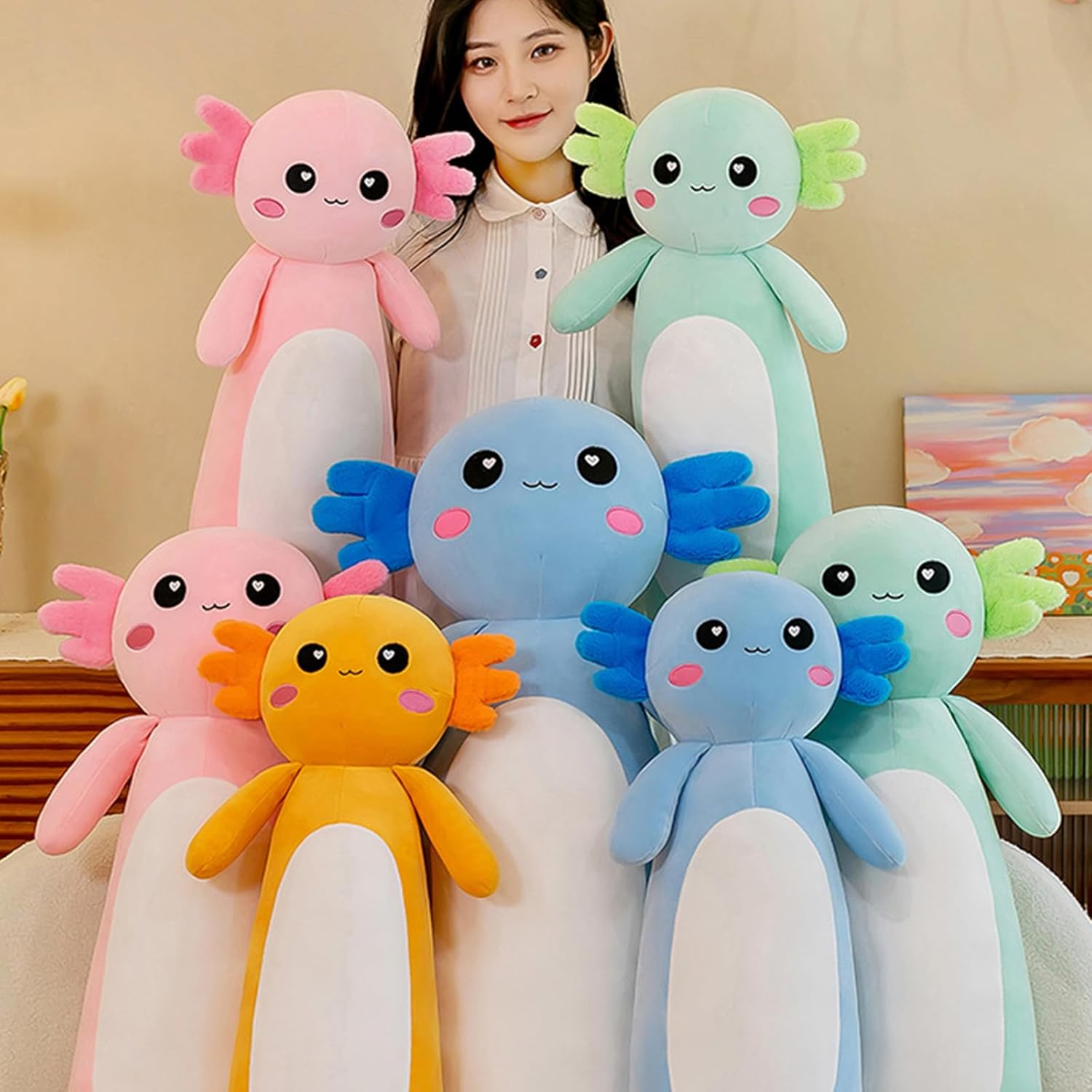 Somao Long Axolotl Plush Pillow, Cute Axolotl Stuffed Animal Body Plush Soft Plushies Doll Toy for Girls Boys(100Cm/39.3Inch,Blue)