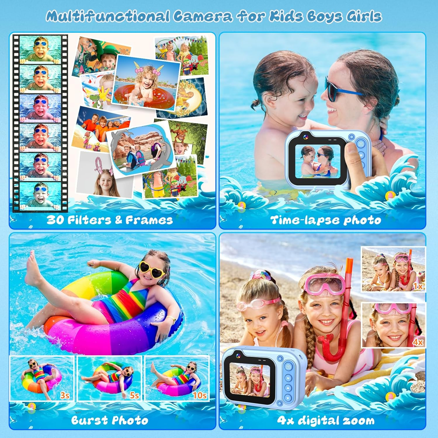 Kids Waterproof Camera - Underwater Camera Birthday Gifts for Girls Boys Children Digital Action Camera with 32GB SD Card, Pool Toys for Kids Age 4 5 6 7 8 9 10 - Blue image number 1