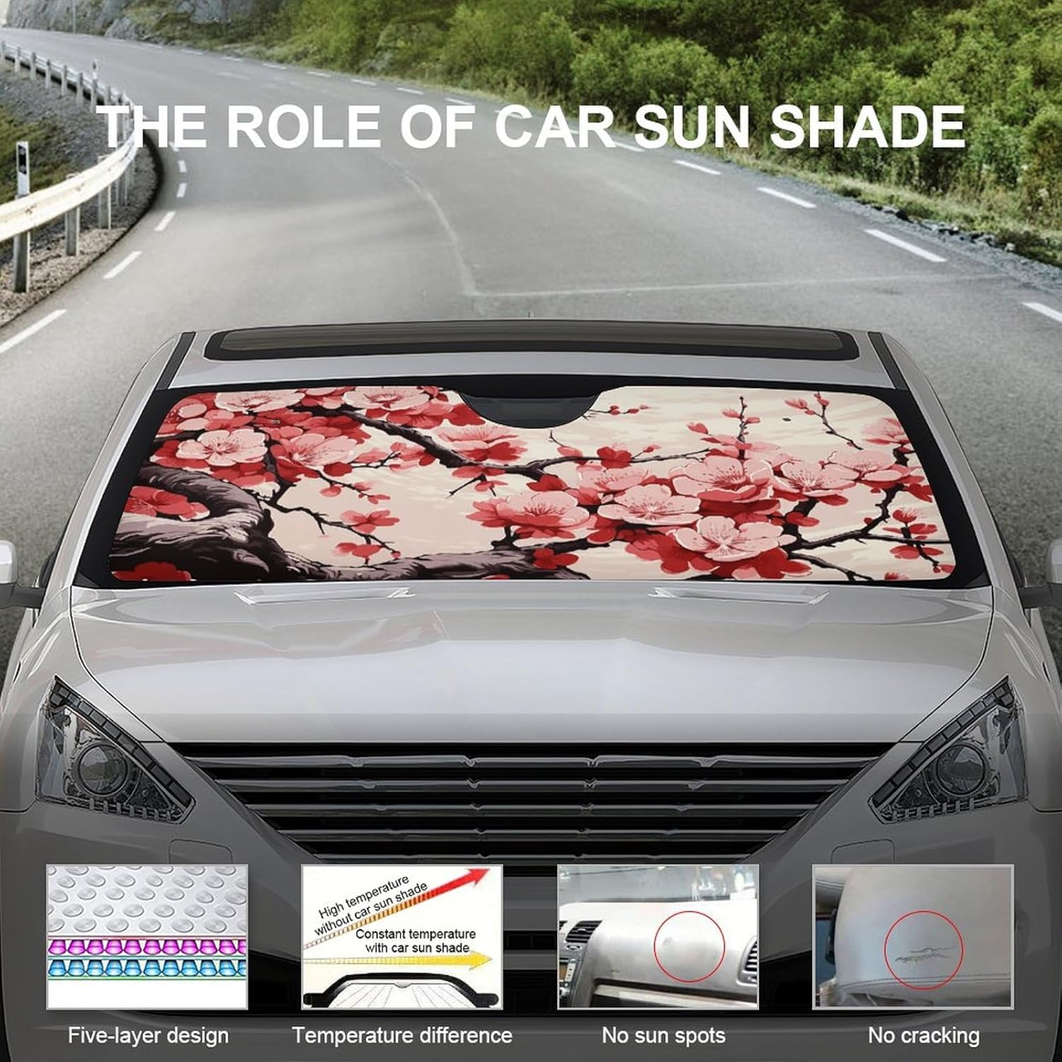 Car Windshield Sunshade, Japanese Floral Cherry Blossom Print Car Sun Guard Foldable Windshield Sunshade Car Sunshield for Sedans, Suvs, and Trucks image number 4