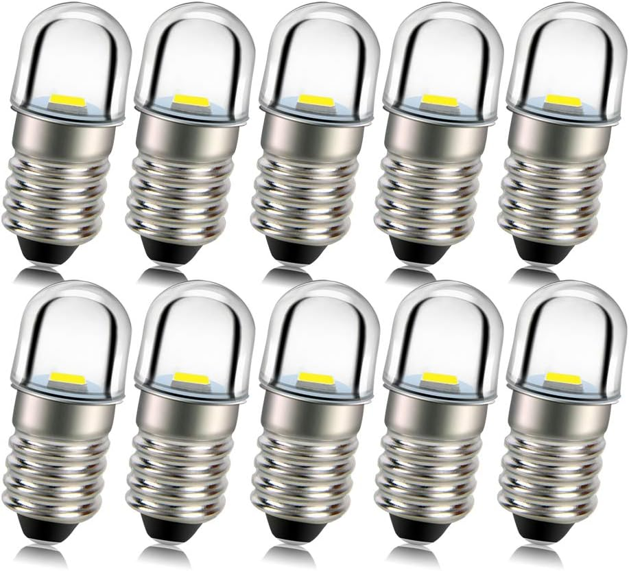 Ruiandsion 10Pcs E10 LED Bulb 3V E10 Base Socket 1W White Replace Torch Headlight Headlamp Mini Head Lamp Flashlight Bulbs,Non-Polarity