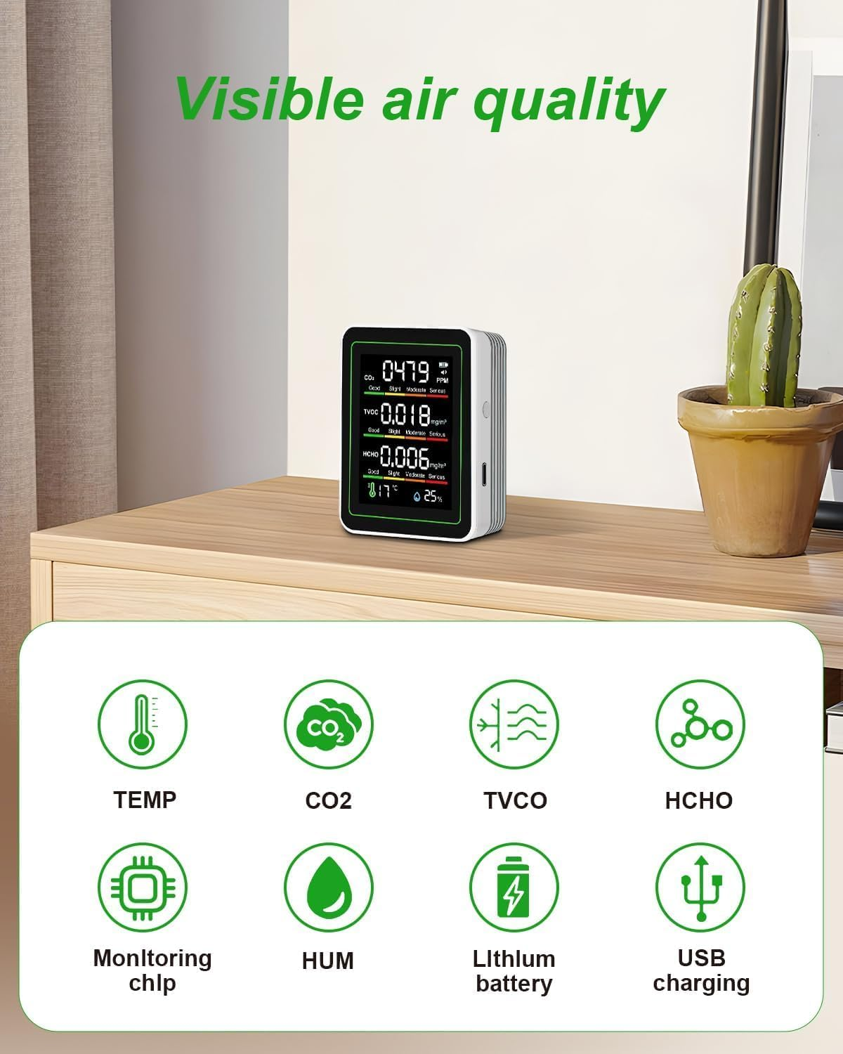 Indoor Air Quality Monitor, 5-In-1 Portable CO2 Carbon Dioxide Detector, 1200Mah Powerful Battery CO2 Monitor for CO2 | TVOC | HCHO | Temp | Hum for Home Cars Plants and Pets so On