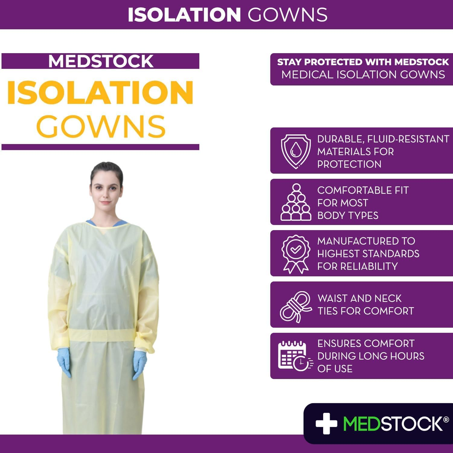 MEDSTOCK AAMI Level 2 Disposable Isolation Gown - Fluid-Resistant SMMS Material, Four-Layer Yellow, Universal Size, Durable, Lightweight PPE for ICU, Dialysis, and Pathology, Non-Sterile image number 3