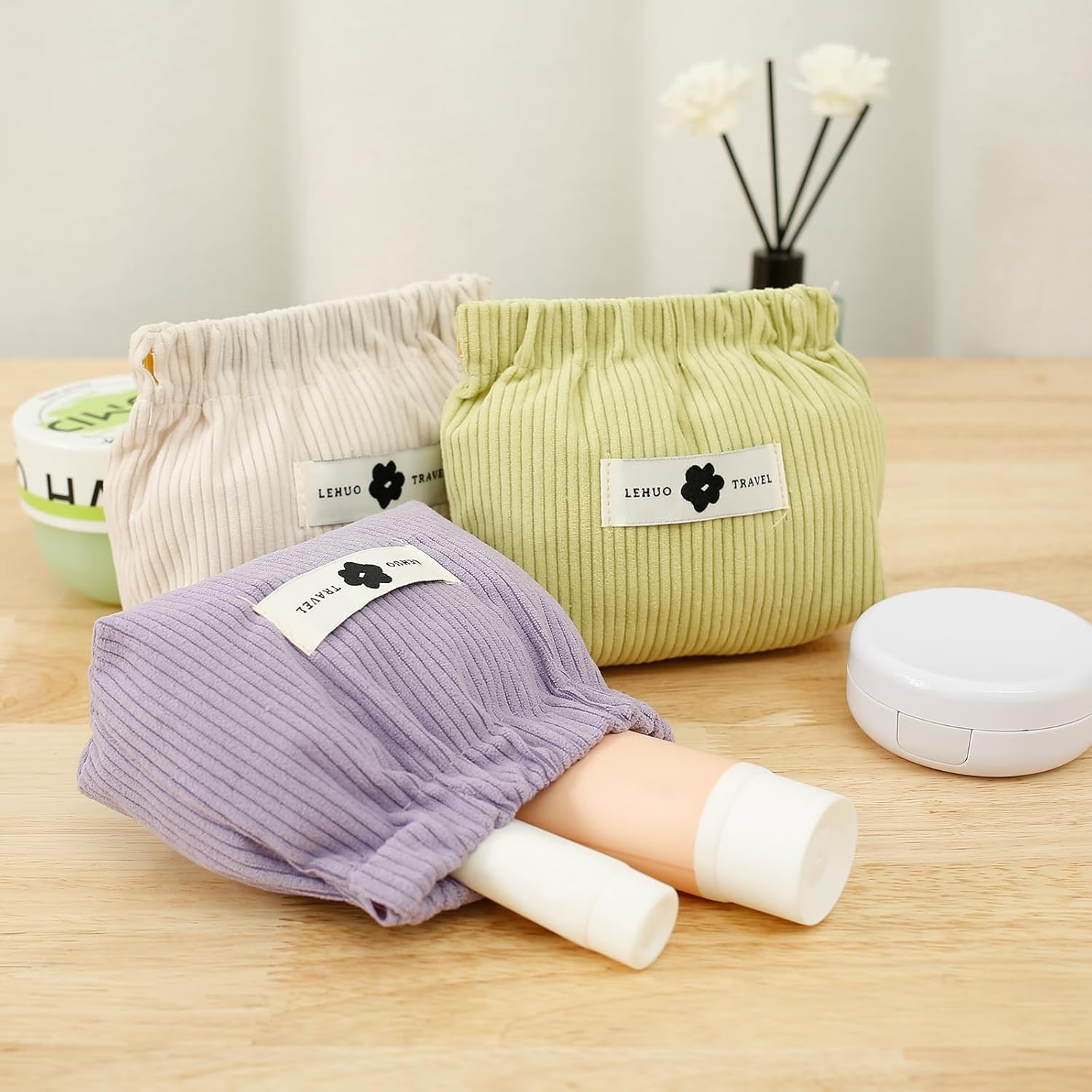 ZLHETWT 3Pcs Corduroy Elastic Hair Tie Organizer - Corduroy Elastic Storage Bag Pouch - Pocket Cosmetic Bag Squeeze Top - Hair Accessory Organizer for Women Girls 12X13X5Cm (Combination 2) image number 2