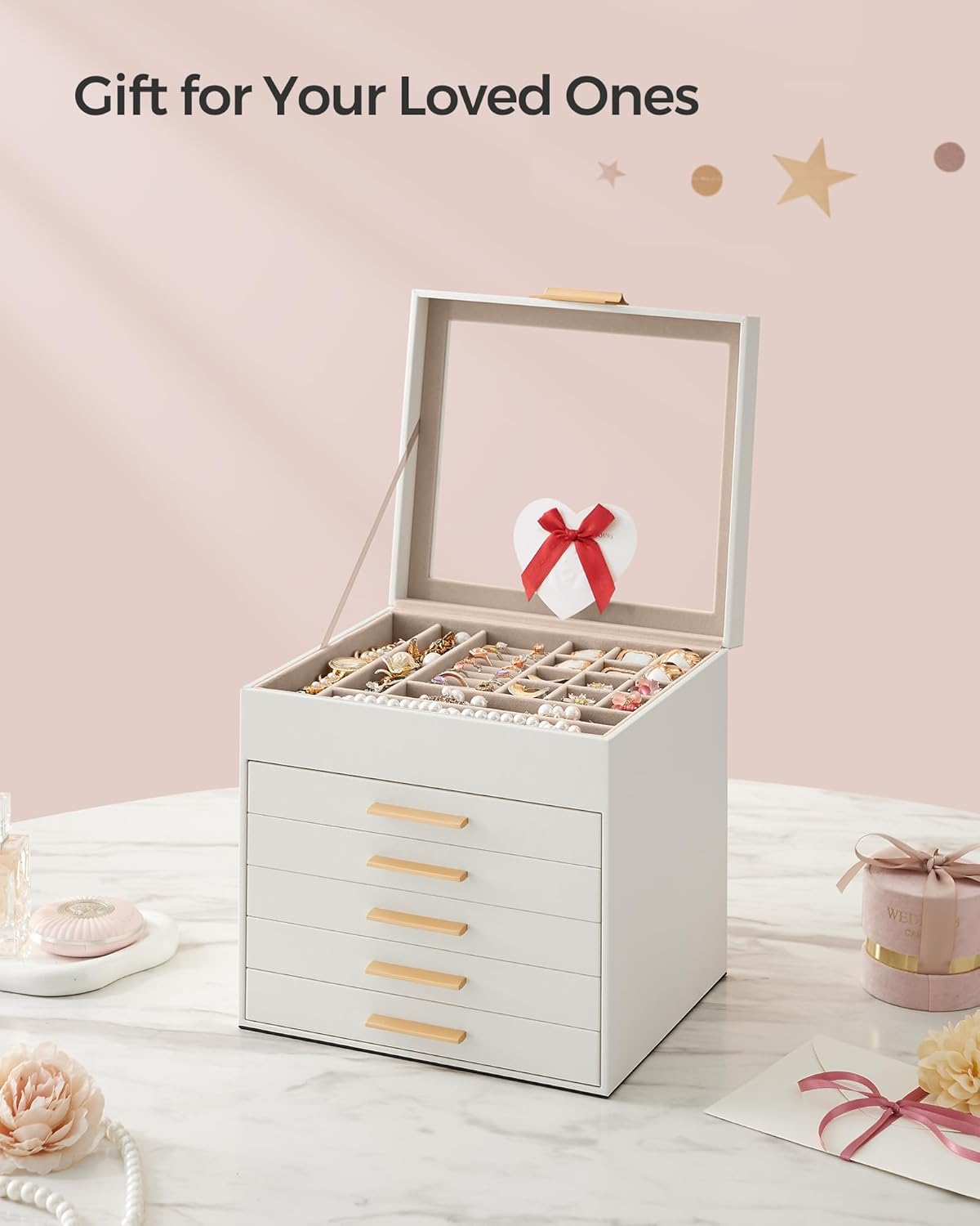 SONGMICS Jewelry Box Organizer with Glass Lid, 6-Layer Jewelry Storage, with 5 Drawers, Modern Style, 8 X 9.1 X 9 Inches, Cloud White and Gold Color JBC176W01 image number 6