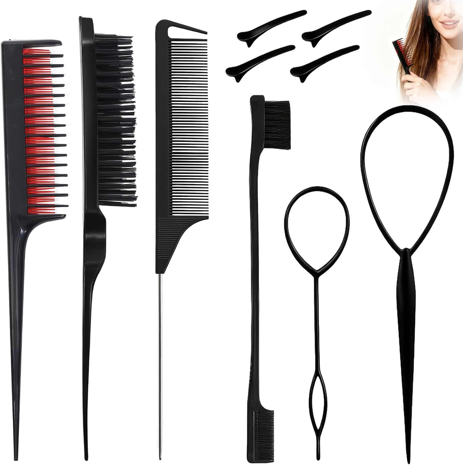 Teccfly 10Pcs Hair Brush Set - Braiding Kit & Hair Supplies,Topsy Tail Hair Tool,Edge&Back&Teasing Brush Rat Tail Comb Styling Tools for Women (Pink)