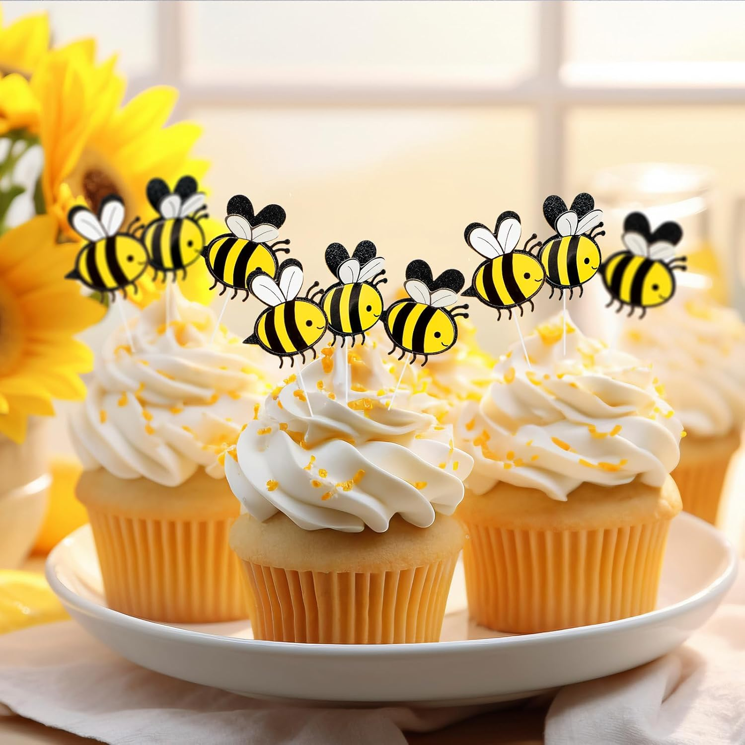 30 Pieces Double Layer Bee Cake Toppers, Card Decorations, Bumble Figurine Cupcake Picks for Themed Party, Weddings, Celebrations or Birthday Decorations image number 6