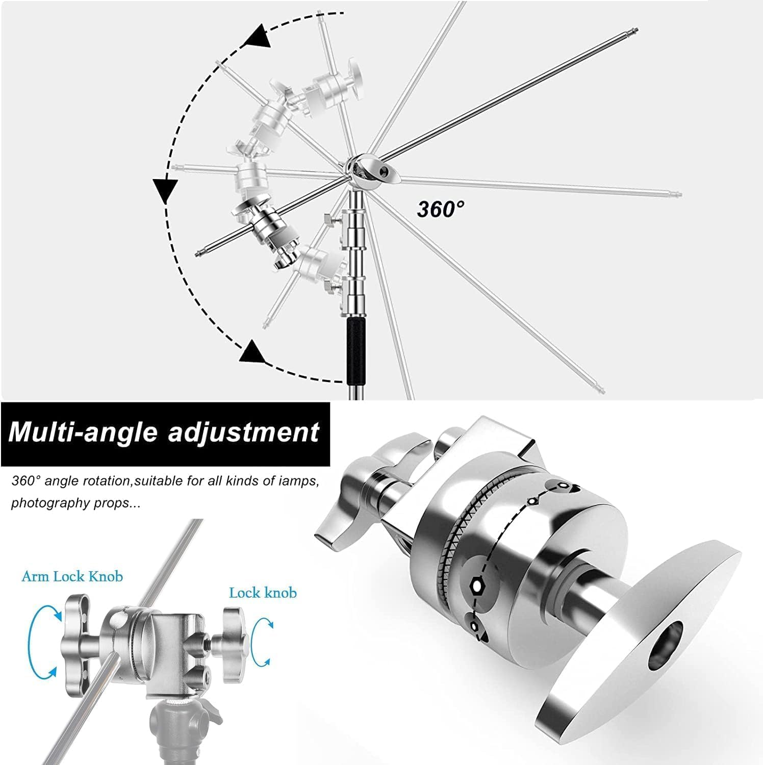 Heavy Duty Stainless Steel C-Stand with Boom Arm 132"/335Cm Adjustable Light Stand 49&ldquo;/125Cm Hold Arm Stand with One Adjustable Leg for Photography Studio Reflectors, Softboxes, Monolights