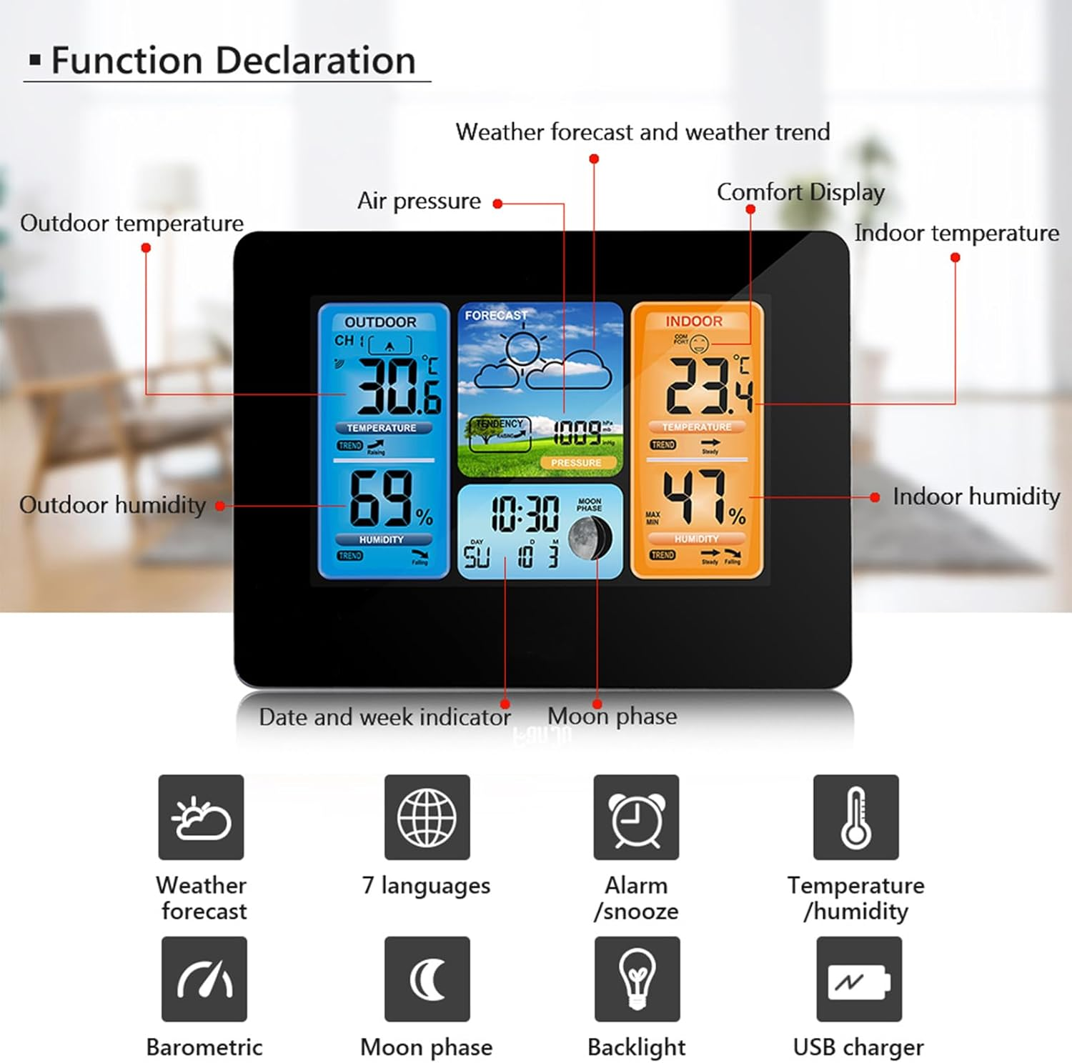 ACAGALA FJ3373 Multifunction Digital Weather Station LCD Alarm Clock Indoor Outdoor Weather Forecast Barometer Thermometer Hygrometer with Outdoor Sensor USB Power Cord image number 4
