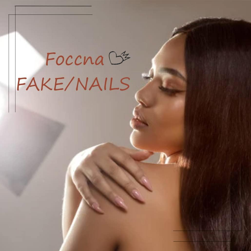 Foccna Press on Nails Almond Fake Nails with Gold Line Design Glue on Nails Acrylic Nails Glossy Full Cover Stick on Nails for Women 24Pcs image number 6