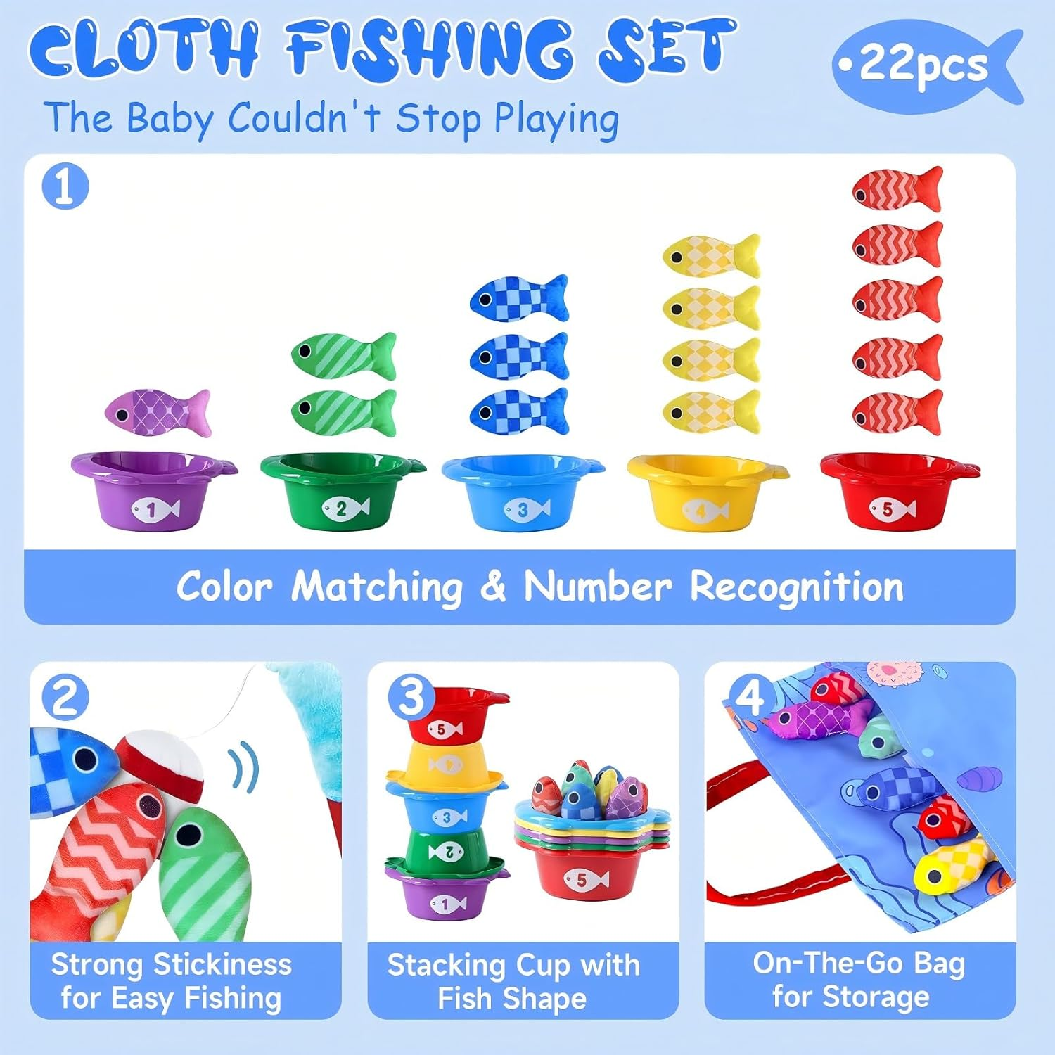 Toddler Toys, Montessori Toys for 1 Year Old Boy Girl Birthday Gift, Cloth Fishing Game for Toddler 1-3, Sorting Learning Baby 6-12-18 Months, Cloth Fishing Game with Baby Stacking Cups