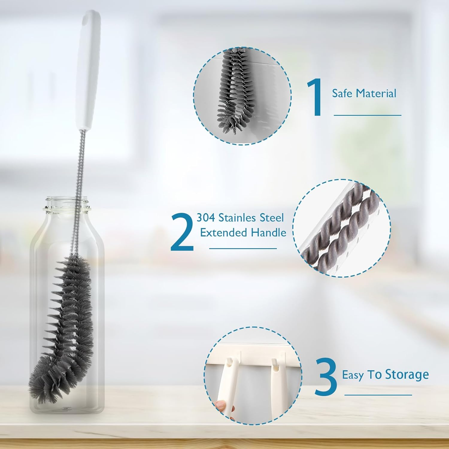 15.7" Flexible Long Black Bottle Cleaning Brush for Kitchen and Dining - Perfect for Baby Bottles, Sports Bottles, Glassware, Mugs, Jars, and Stemware (1-Pc) image number 4
