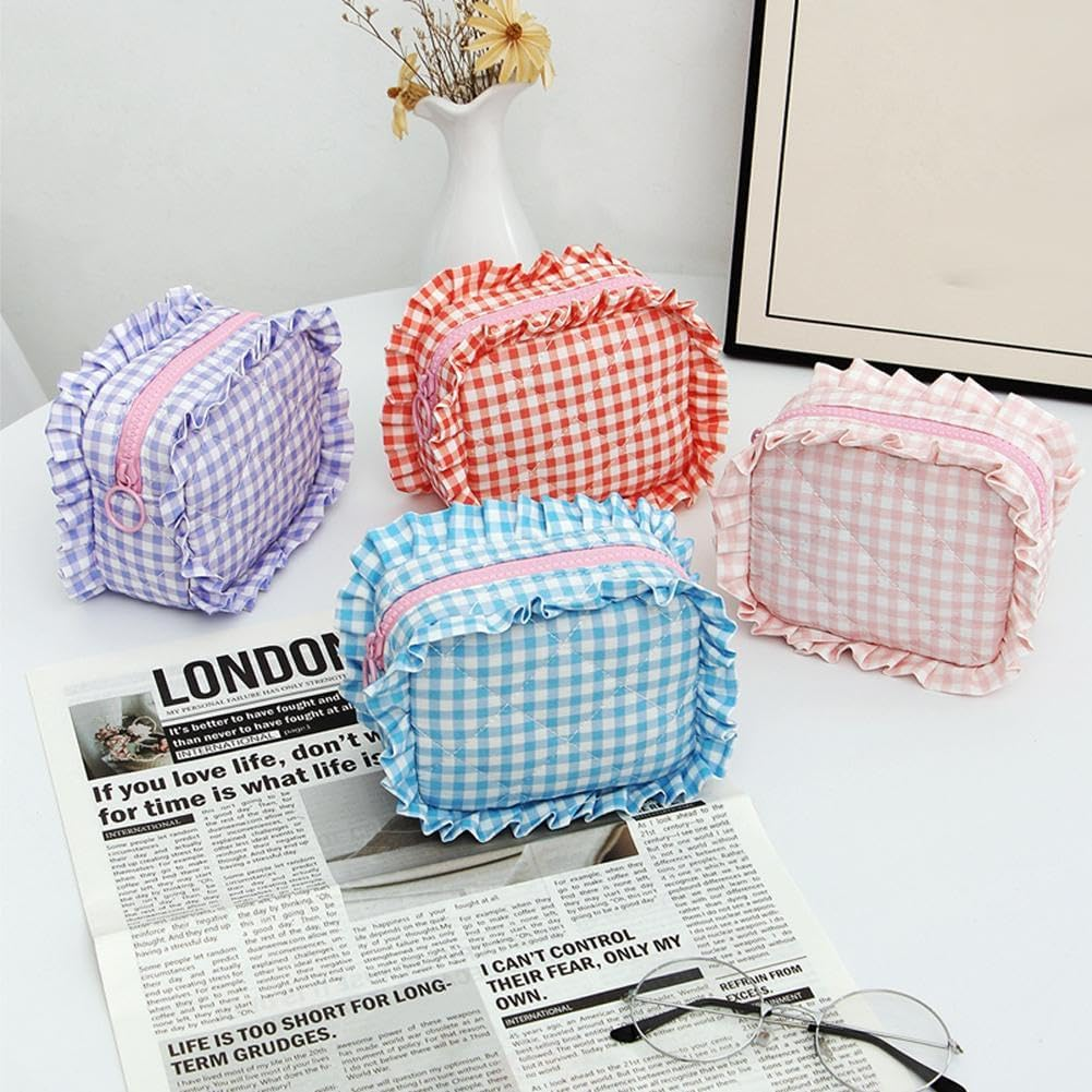 Gingham Ruffle Makeup Bag,Large Travel Cute Cosmetic Bag for Women,Cotton Zipper Pouch and Accessories Storage Bag, Travel Pouch,Aesthetic Puffy Toiletry Bag Make up Organizer (Purple) image number 3