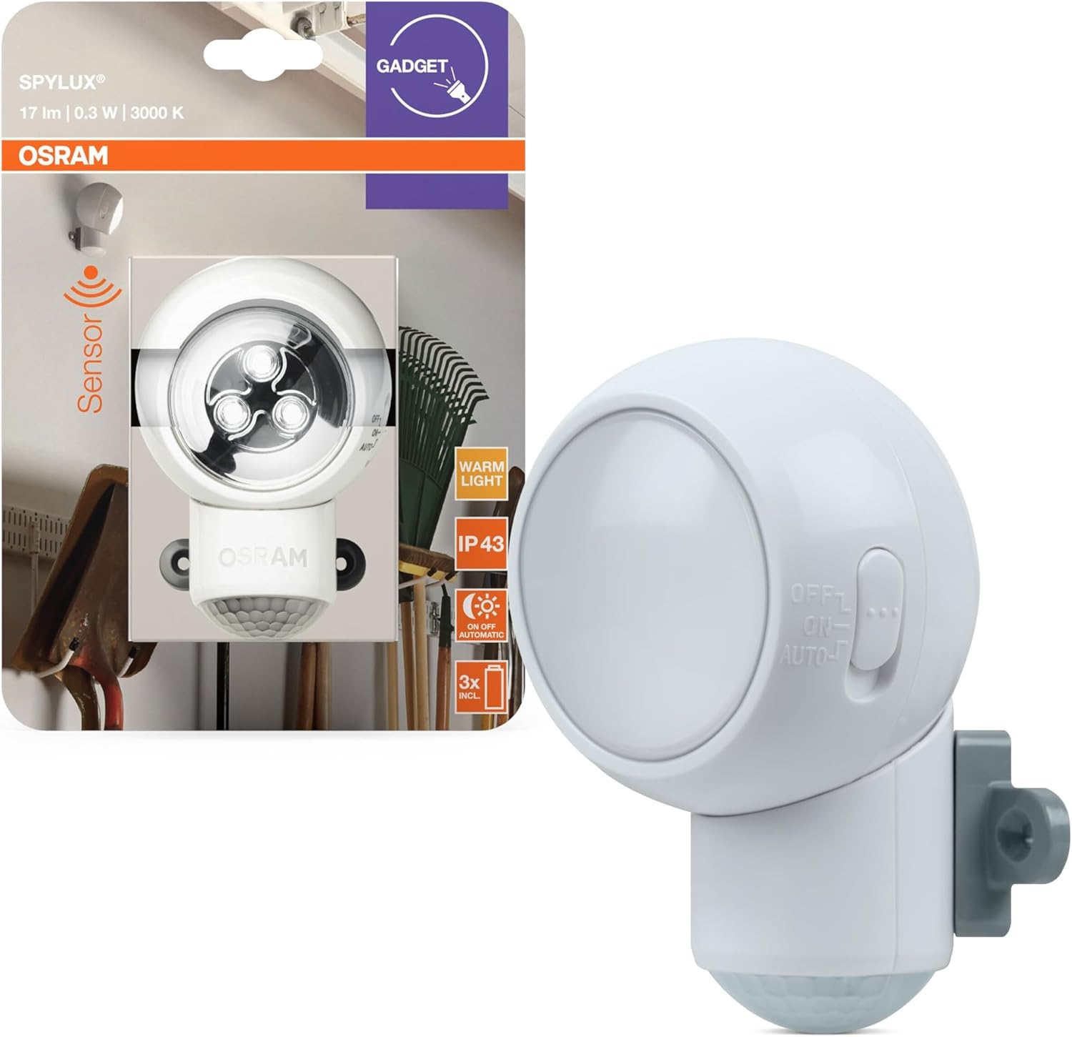 OSRAM LED Motion Sensor Night Light Battery Operated 3000K Warm White IP43 Protection Includes Batteries and Magnetic Holder