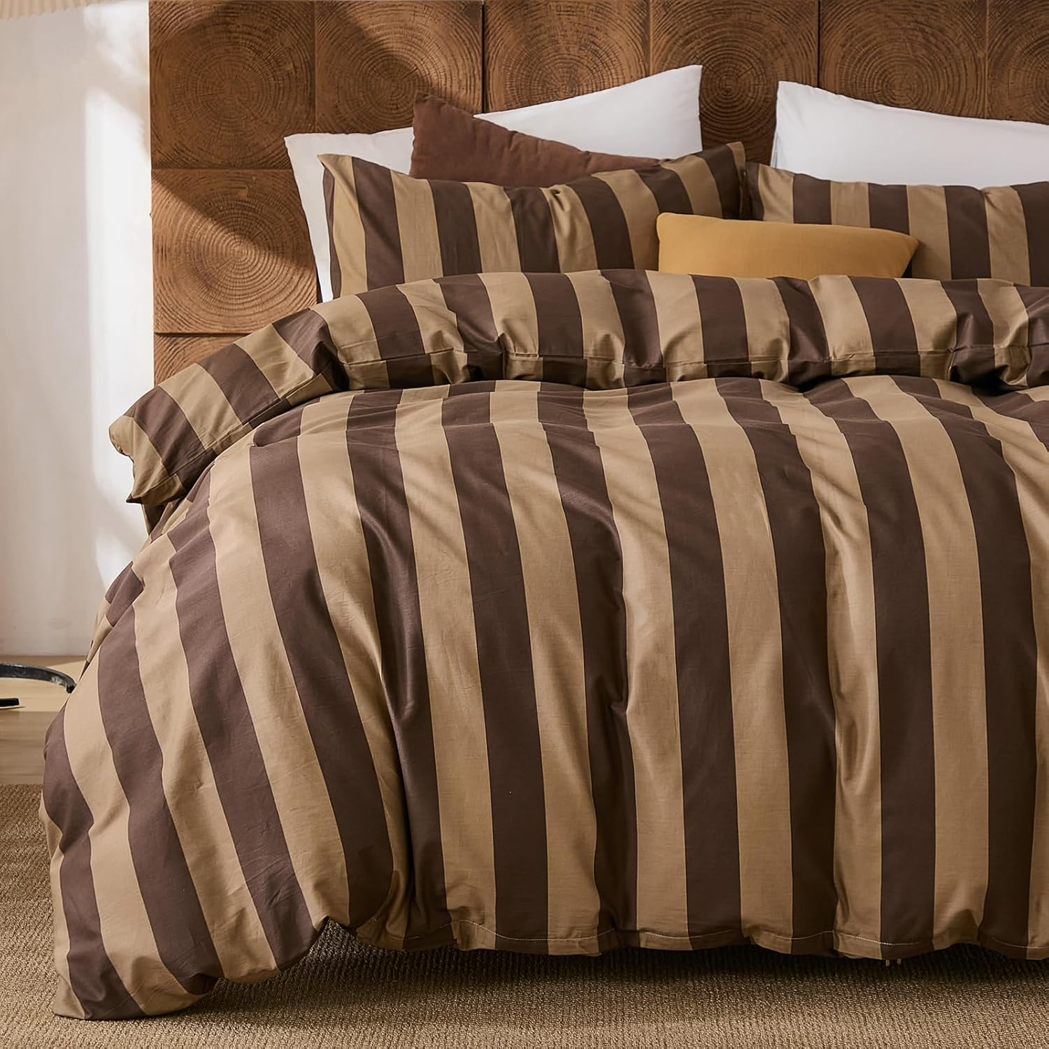 Merryword Brown Striped Duvet Cover Set King Size, 100% Natural Cotton Linen like Duvet Cover Set with Zipper Closure & 8 Corner Ties, Brown Khaki Soft Reversible Bedding for All Seasons image number 6