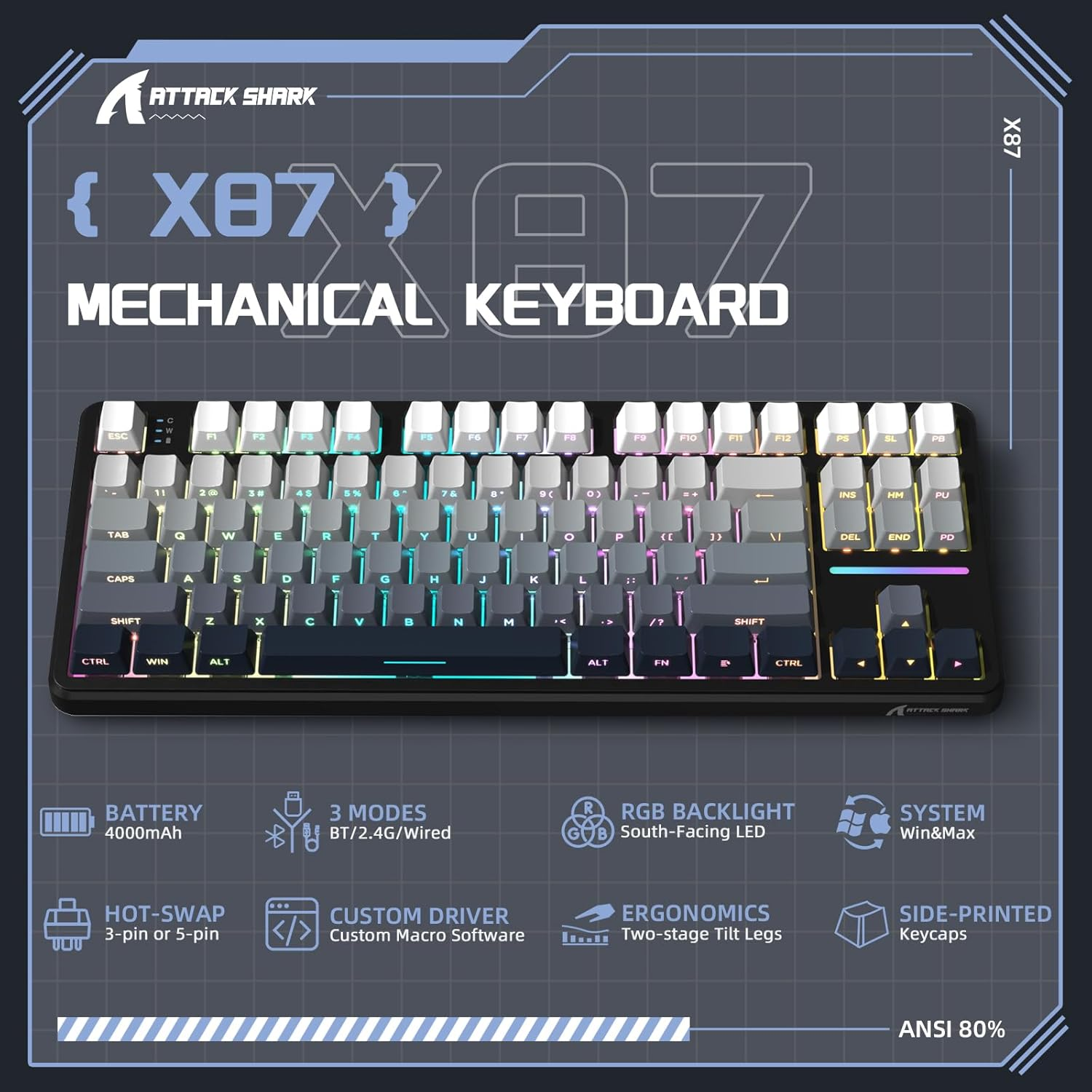 ATTACK SHARK X87 Wireless Gasket Mechanical Keyboard,Tkl Tri-Mode Bt5.0/2.4Ghz/Usb-C Gaming Keyboard,Hot Swappable,Side Printed PBT Keycaps,Pre-Lubed Strawberry Switche RGB Backlit Keyboard-Moon Night image number 4