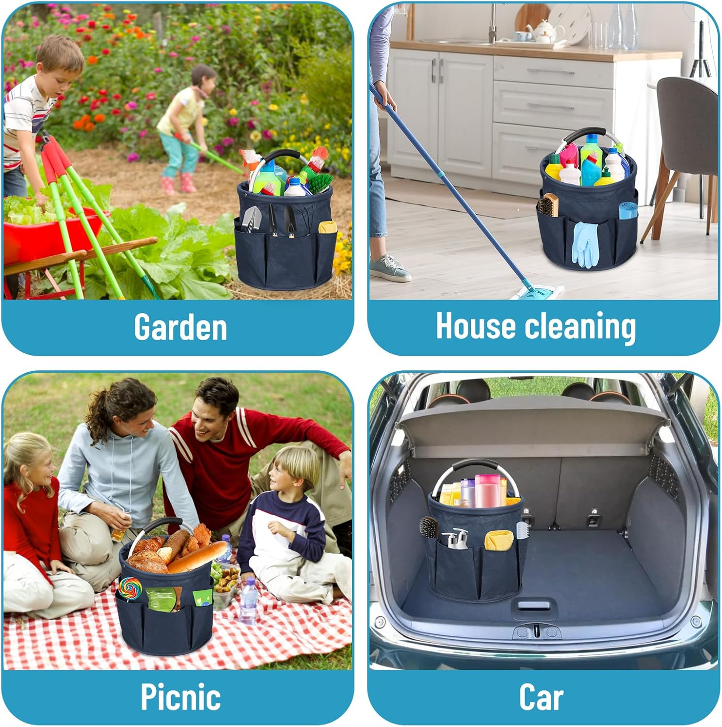 Cleaning Caddy Bag with Handle, 17L Cleaning Products Organiser Adjustable Gardening Tool Storage Bag, Caddy Organiser Large Multi Pocket Bucket Tool Bag for Home, Car (Navy Blue) - Black image number 7