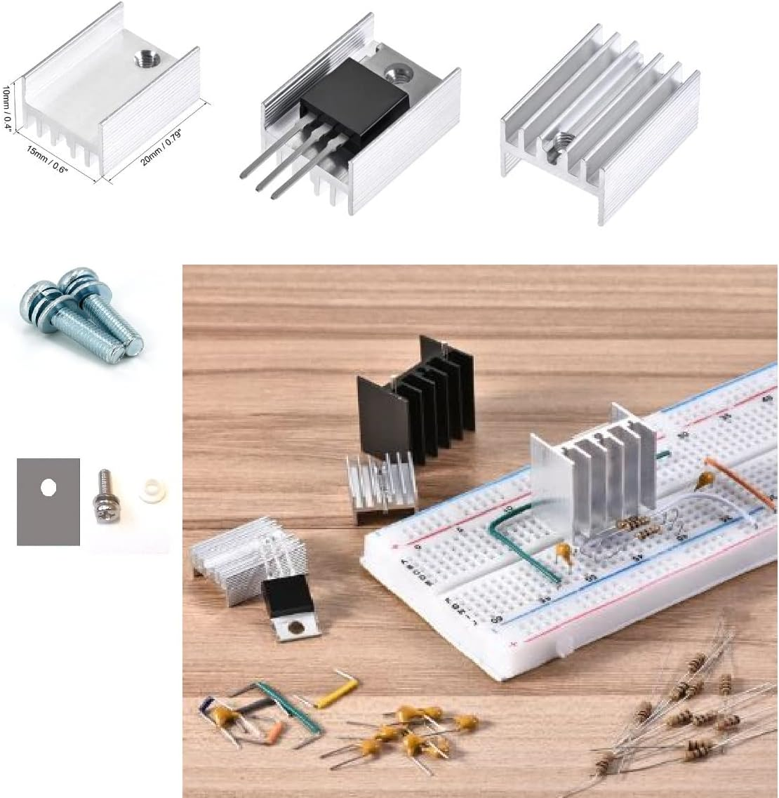 Easycargo TO-220 Heatsink + Insulator/Mounting Kits (Screw+Washer+Bushing+Insulator Rubberized Silicone+ Heatsink TO-220) for LM78XX Voltage Regulator, MOSFET Transistor (Silver 12 Pack) image number 5