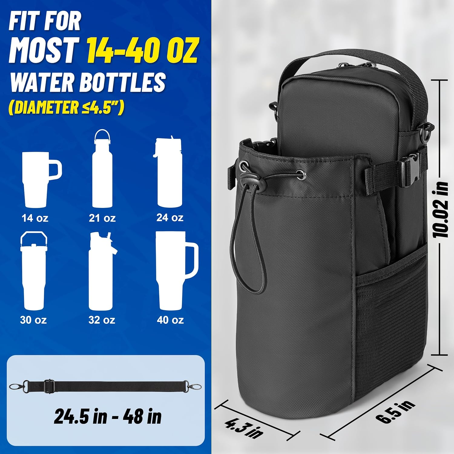 Hilhook Magnetic Gym Bag, 5 Built-In Strong Magnets Gym Water Bottle Carrier Bag with Pockets & Shoulder Strap Compatible with Owala Hydro Flask Stanley, Fits 14-40Oz Bottles image number 6
