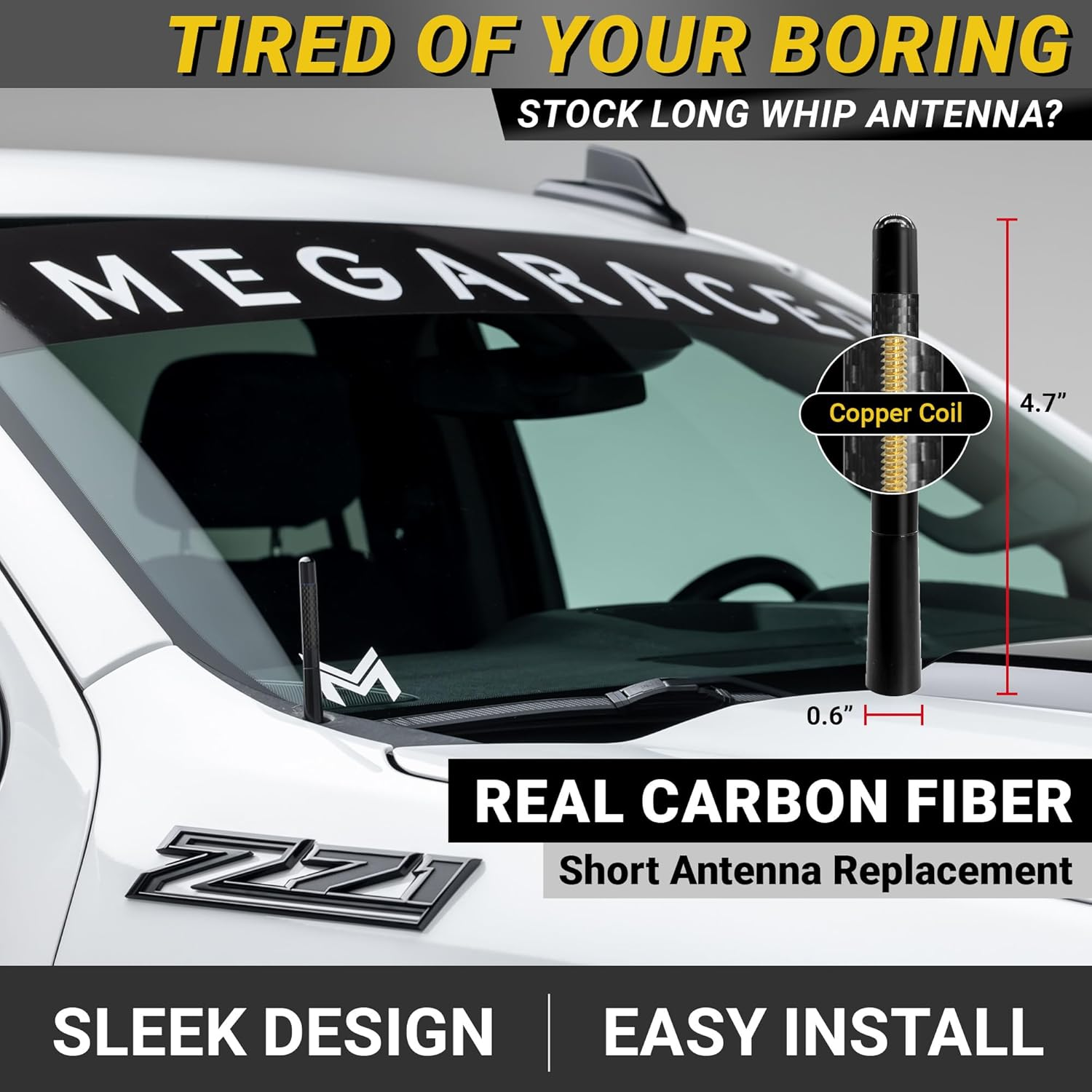 Mega Racer Truck Antenna 1999-2024 Chevrolet Silverado GMC Sierra, 5" Short Black Carbon Fiber Antenna Replacement, Ram Bronco F150 Accessories, Universal Car Antenna for Truck Accessories image number 1
