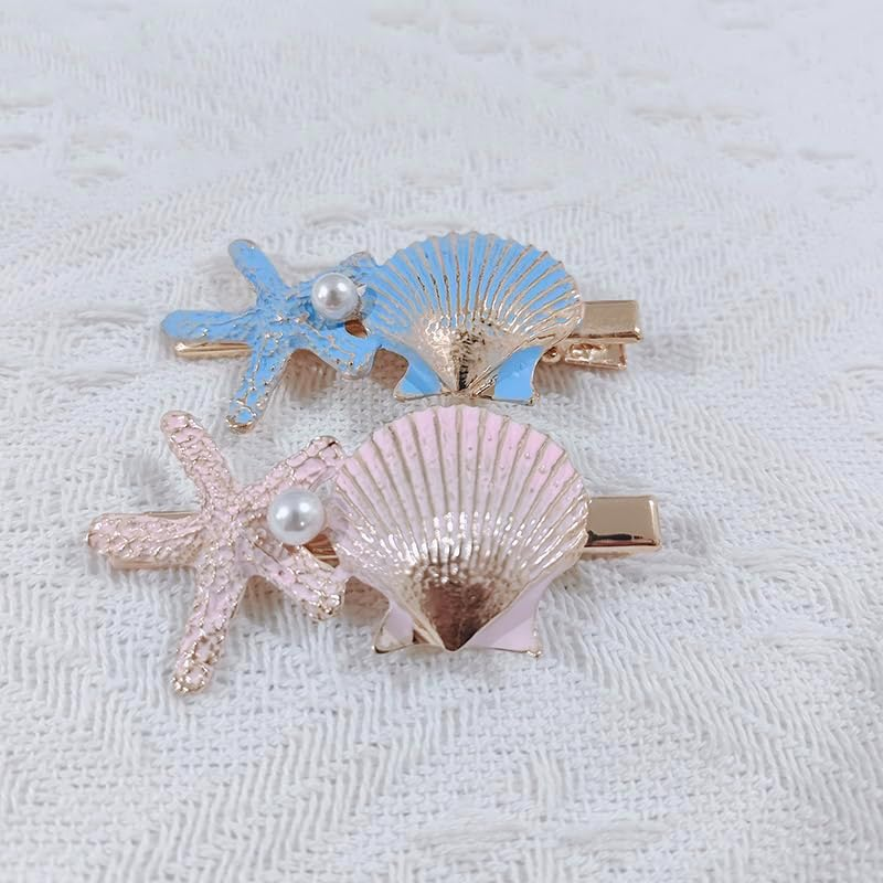 RFTWXHPN Mermaid Starfish Seashell Hair Clips for Women Girls Starfish Shell Hair Clip 2Pcs Metal Mermaid Shell Hair Barrettes Pearl Seashell Hairpin Beach Mermaid Hair Accessories, Blue and Pink image number 2