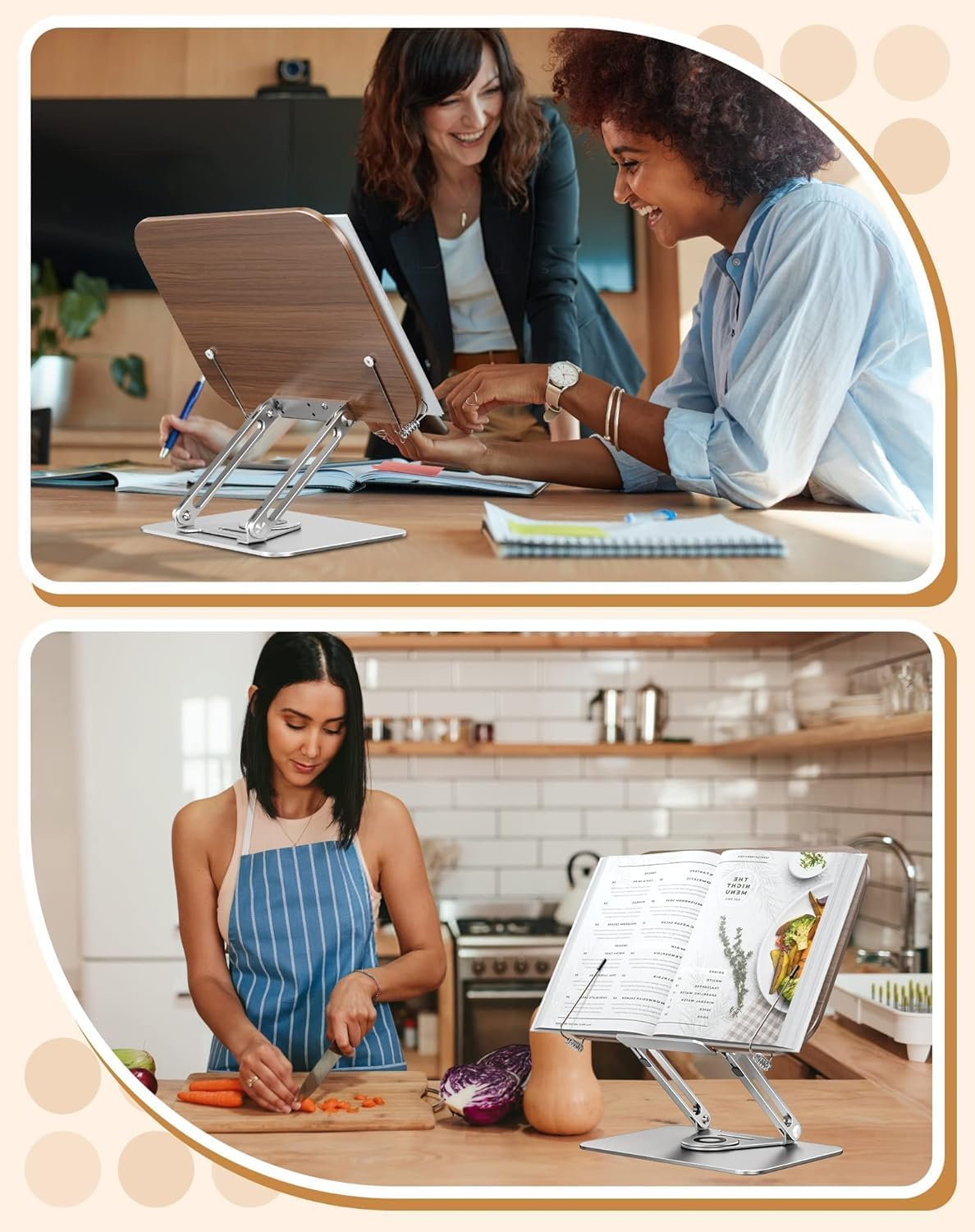 Desktop Book Stand for Reading Adjustable Book Holder with 360&deg; Rotating Base & Page Clips, Foldable Desktop Ricer for Cookbook,Sheet Music,Laptop,Recipe,Textbook,Hands Free,Aluminium image number 2