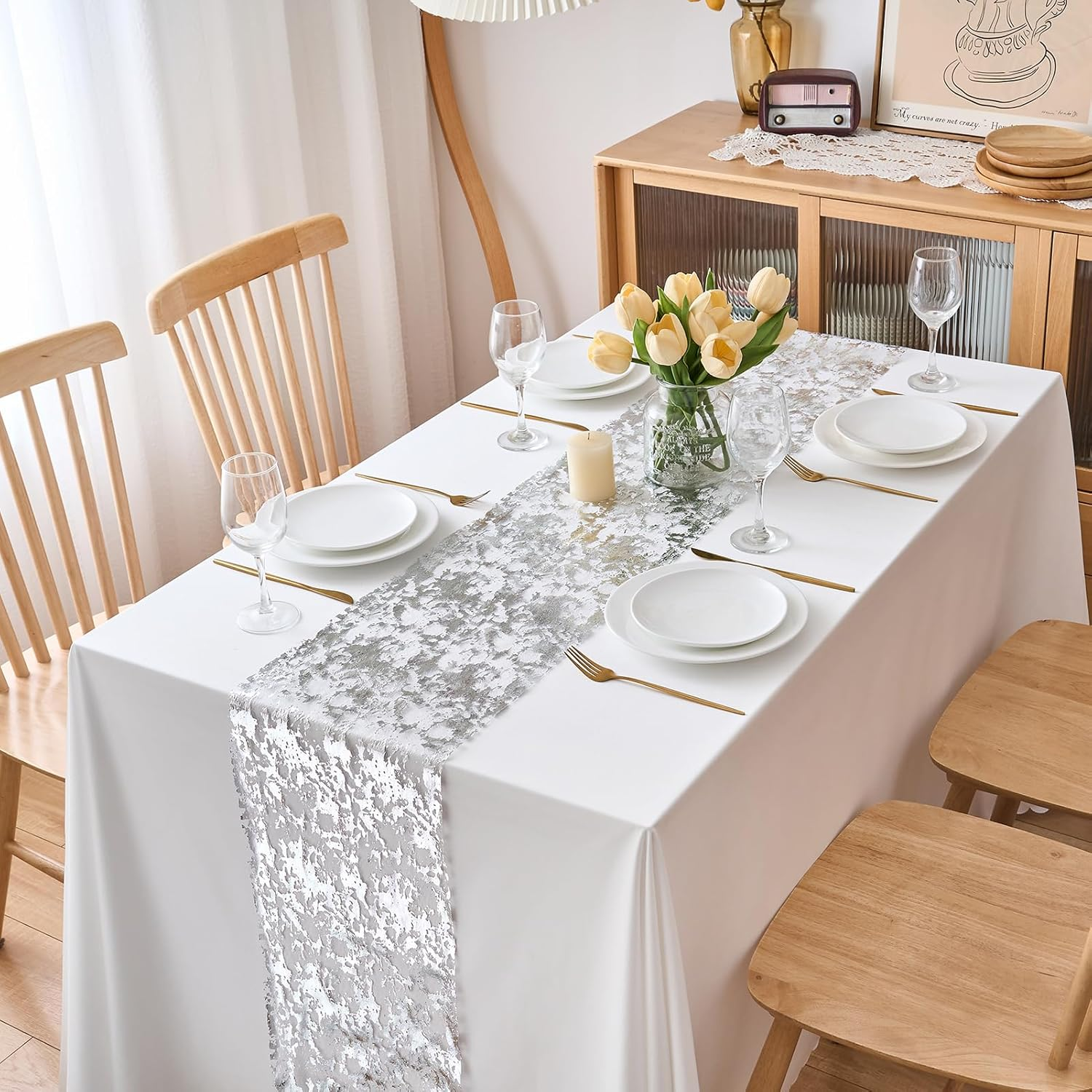 CHUQING Silver Table Runner 11X394 Inches,Glitter Silver Mesh Table Runner Roll,Silver Centerpiece Table Decorations for Birthday Wedding Party Baby Shower Graduation Christmas image number 1