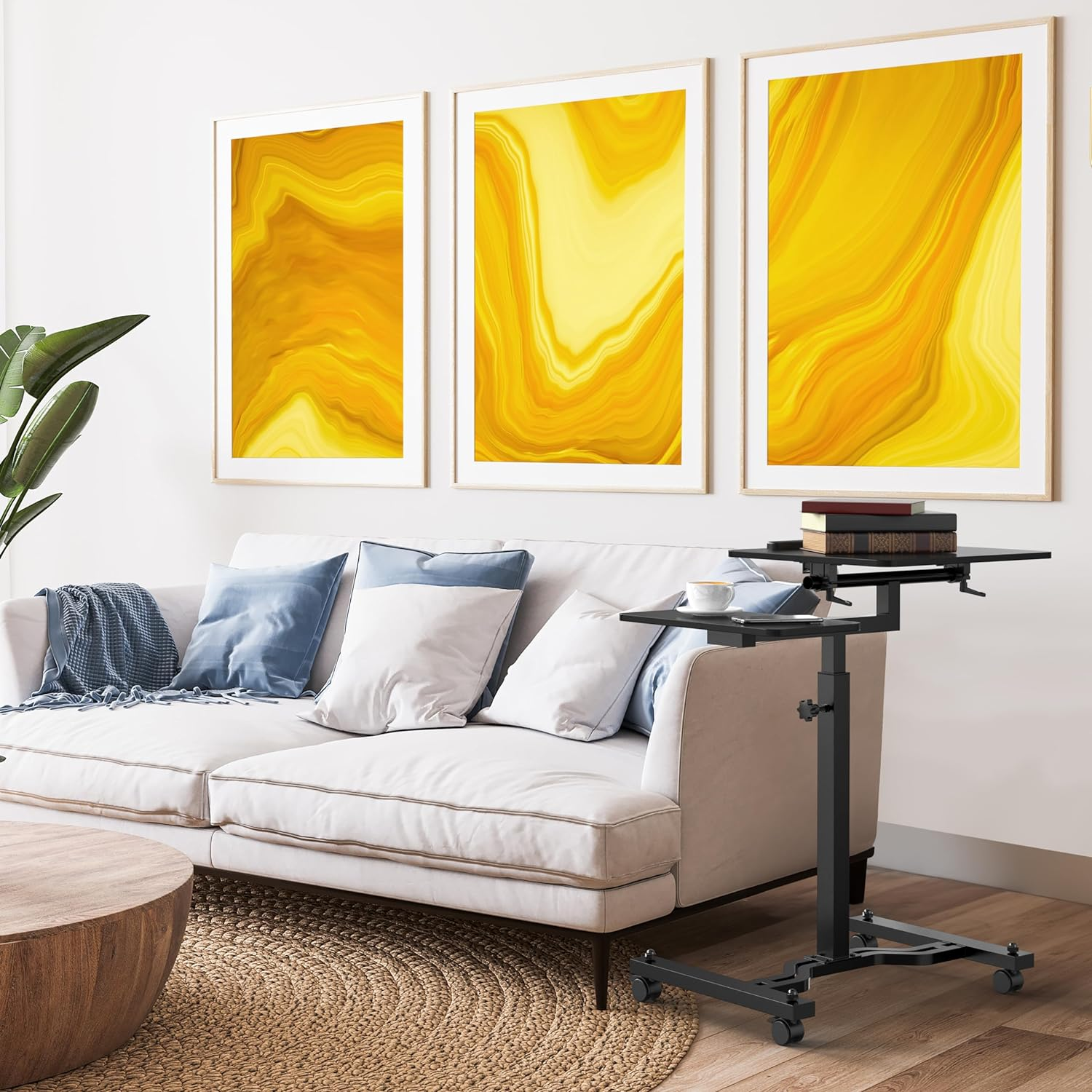 SHW Height Adjustable Tim Rolling Laptop Cart with Tilting Desktop and Side Shelf, 73 to 103.9 Cm, Black