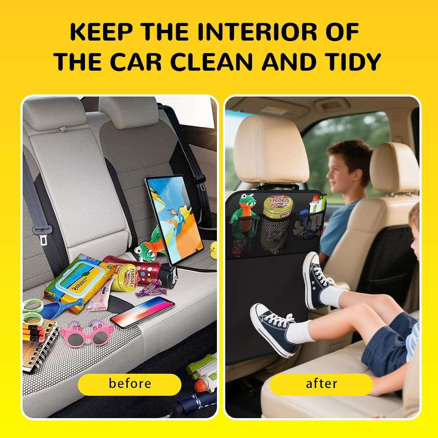 Back Car Seat Organiser for Kids - 2 Pack Car Backseat Organizer with Kick Mats Backseat Protectors X-Large 60X45Cm, Storage Protector for Kids, Pets Travel image number 5