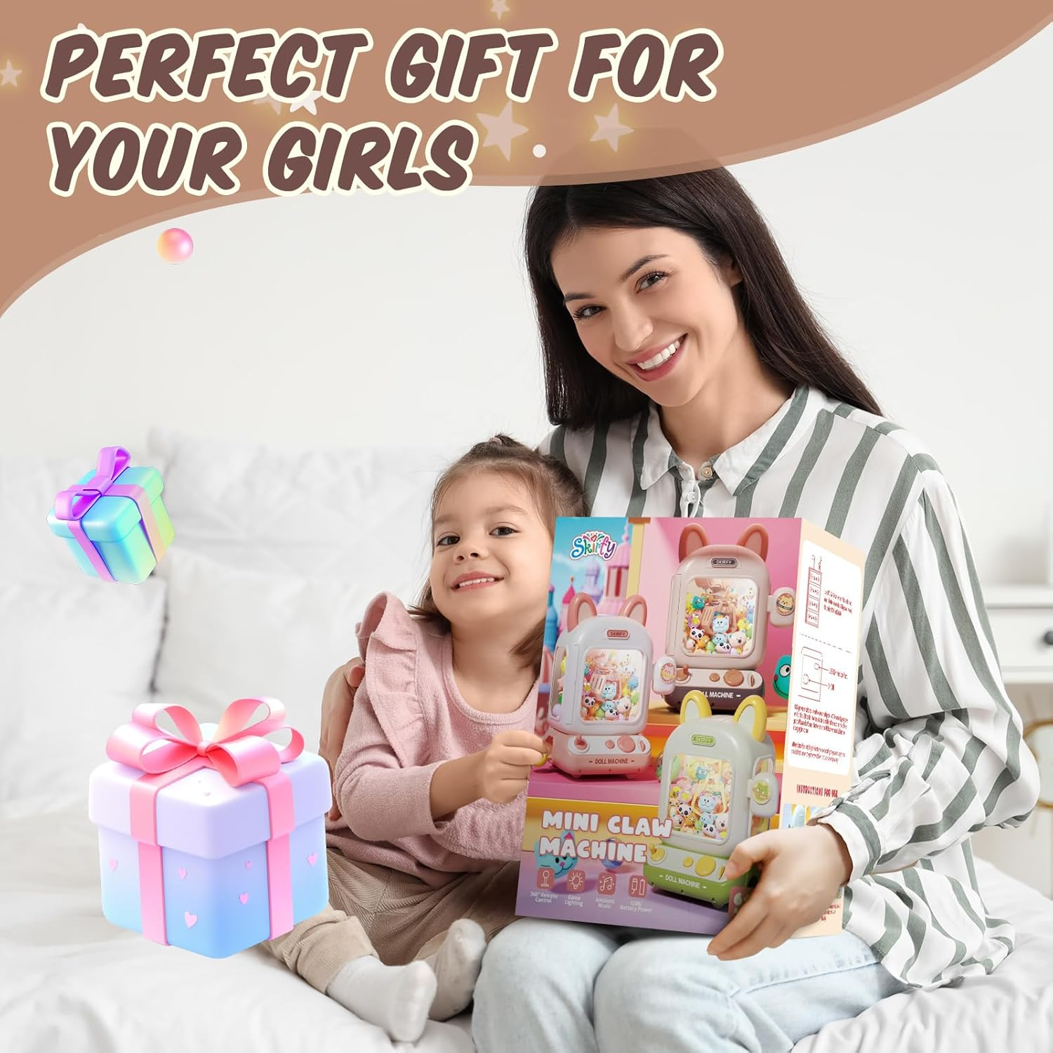 Skirfy Claw Machine for Kids,Mini Vending Machine, Prize Dispenser Toys for Girls and Boys, Electronic Arcade Game for Party Birthdays Includes 32 Mini Toys(Brown) - Brown image number 5