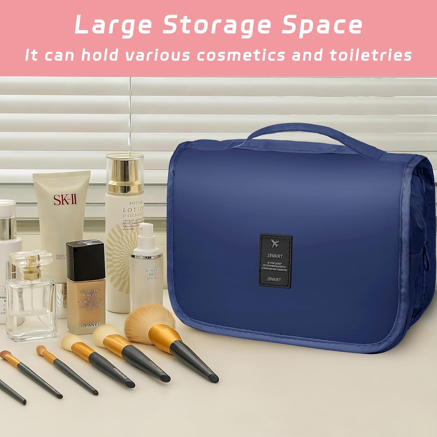 YEMEDA Toiletry Bag Travel Bag with Hanging Hook, Waterproof Capacity Hanging Multifunctional Makeup Bag for Toiletries, Portable Cosmetic Bag Travel Organizer for Women and Men, A6-Royal Blue, Travel image number 4