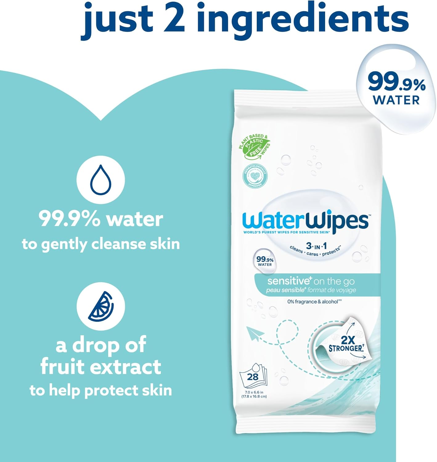 Waterwipes on the Go Wipes, 99.9% Water-Based Wipes for Travel, Sports, and to Refresh Skin, Unscented & Hypoallergenic, 224 Count (8 Packs) image number 2