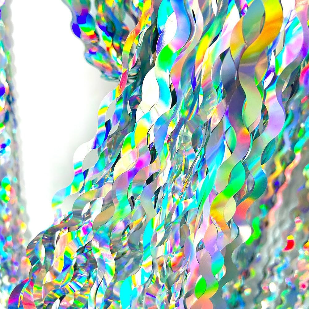 Foil Fringe Curtain, Pack of 2 Tinsel Backdrop, Birthday Party Decorations, Streamer Backdrop Foil Curtains, Graduation Decorations (Wavy Holographic-Silver) - Laser Glitter Black image number 5