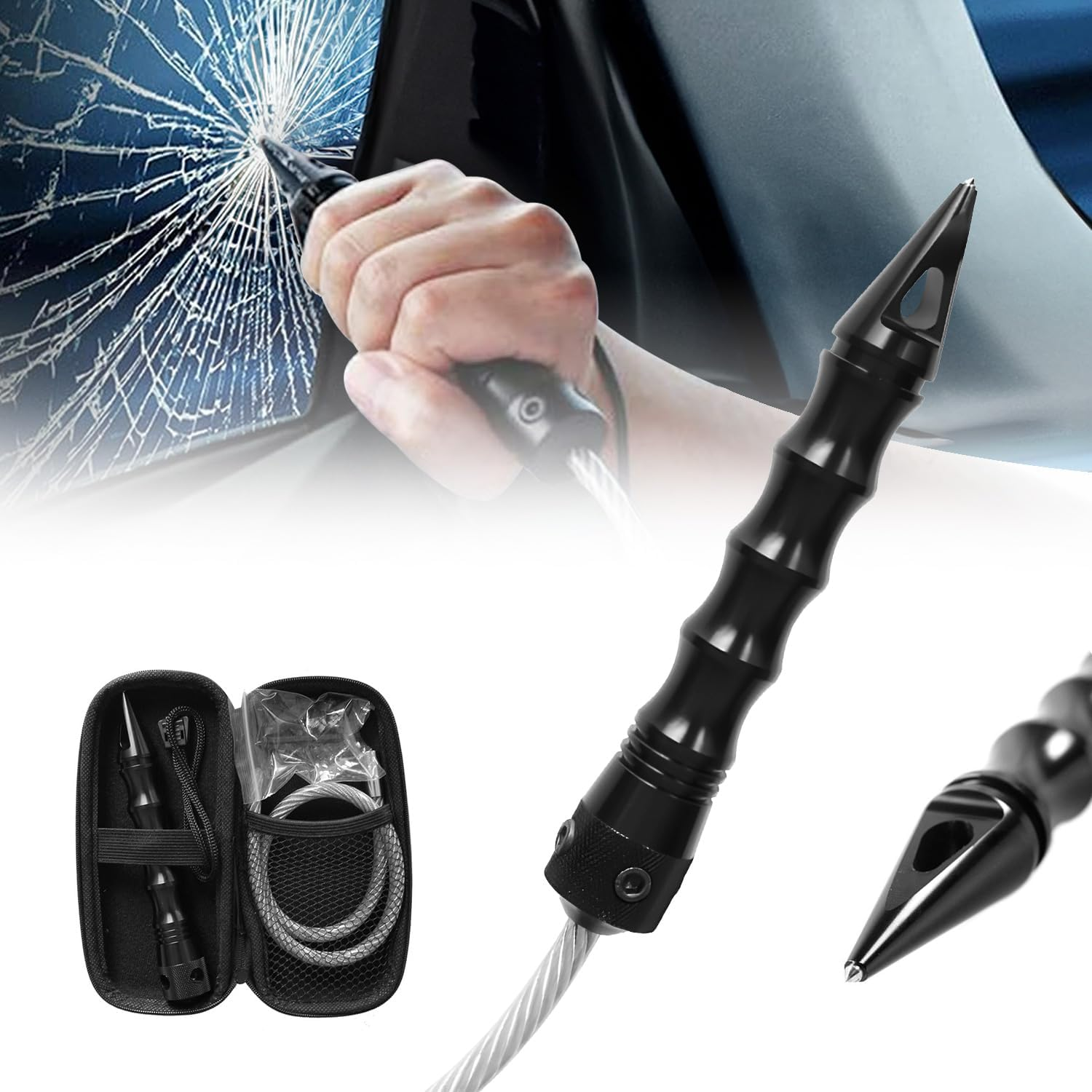 Car Window Breaker Multi-Functional Defensive Whip & Car Window Crash Breaker with PU Box Car Emergency Escape Tool Automotive Accessories image number 6