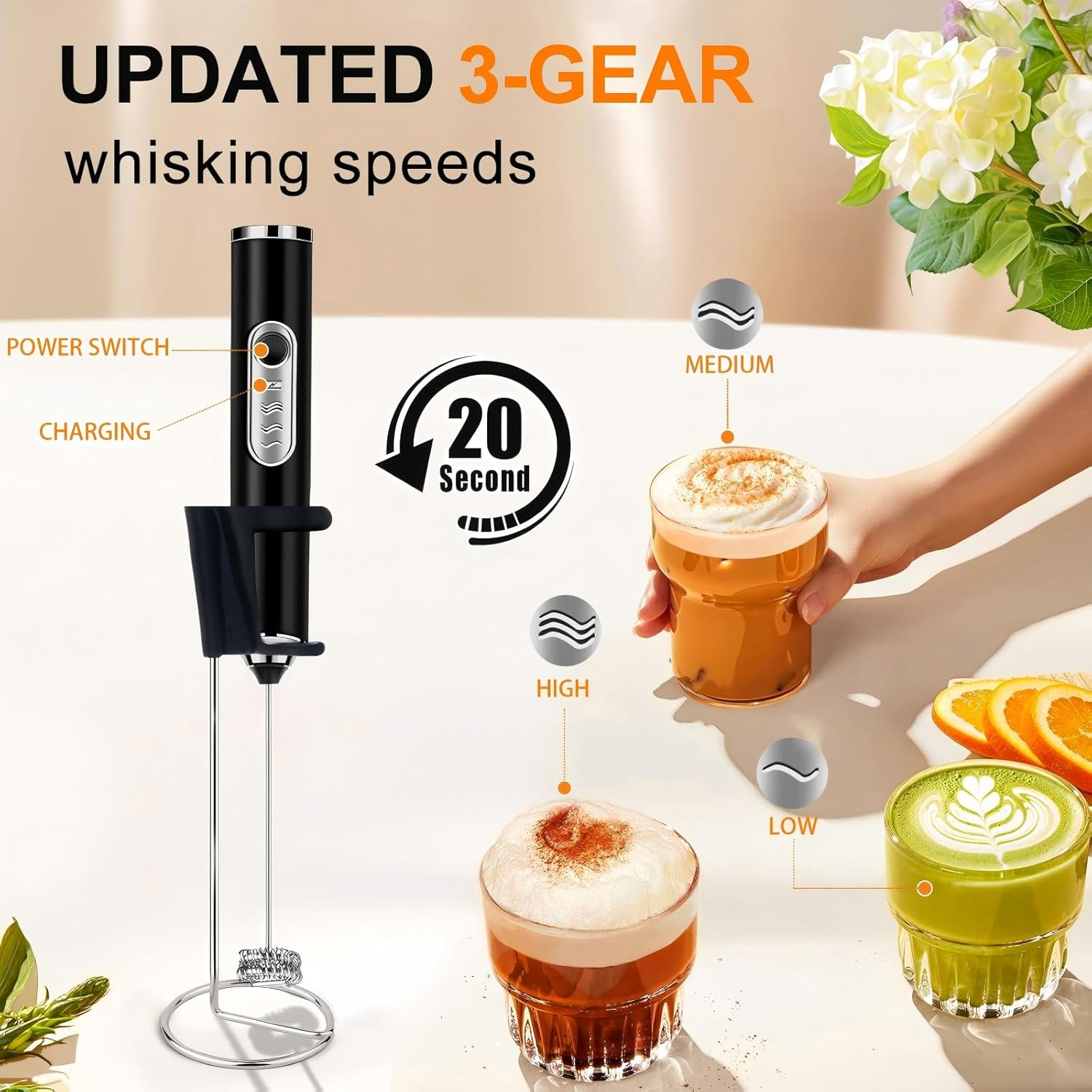 Kitchen Powerful Milk Frother, Rechargeable Milk Frother, 3-Speed Electric Handheld Frother for Coffee, Drink Mixer, Whisk Foam Maker for Coffee, Matcha, Hot Chocolate & Creamer - Black image number 3