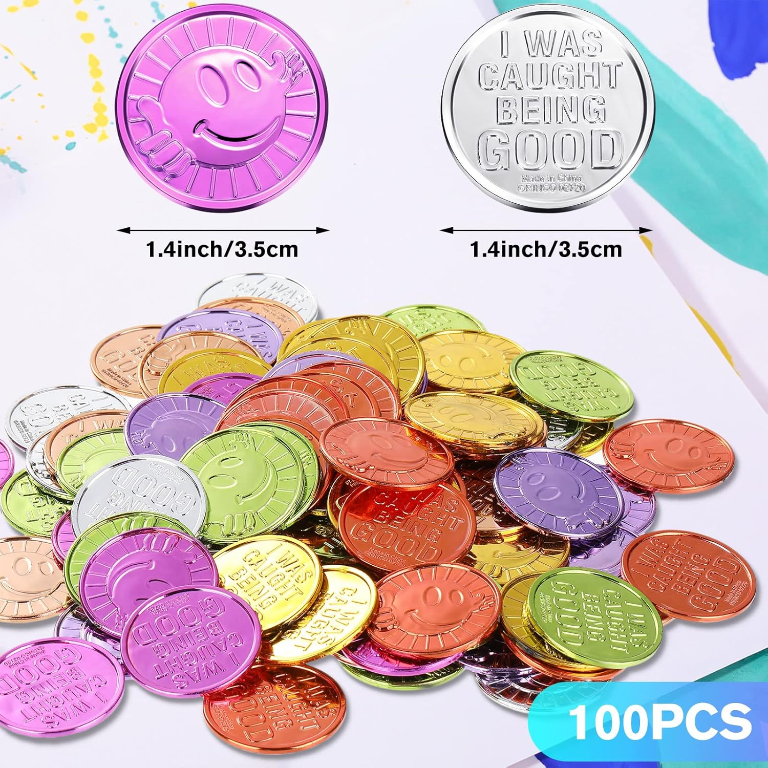100 Pieces Plastic Coins I Was Caught Being Good Incentive Coins Colored Plastic Coins Tokens for Boys Girls Behavior Smile Face Coin Pretend Play Coin for Counting Halloween Party Christmas Reward image number 3