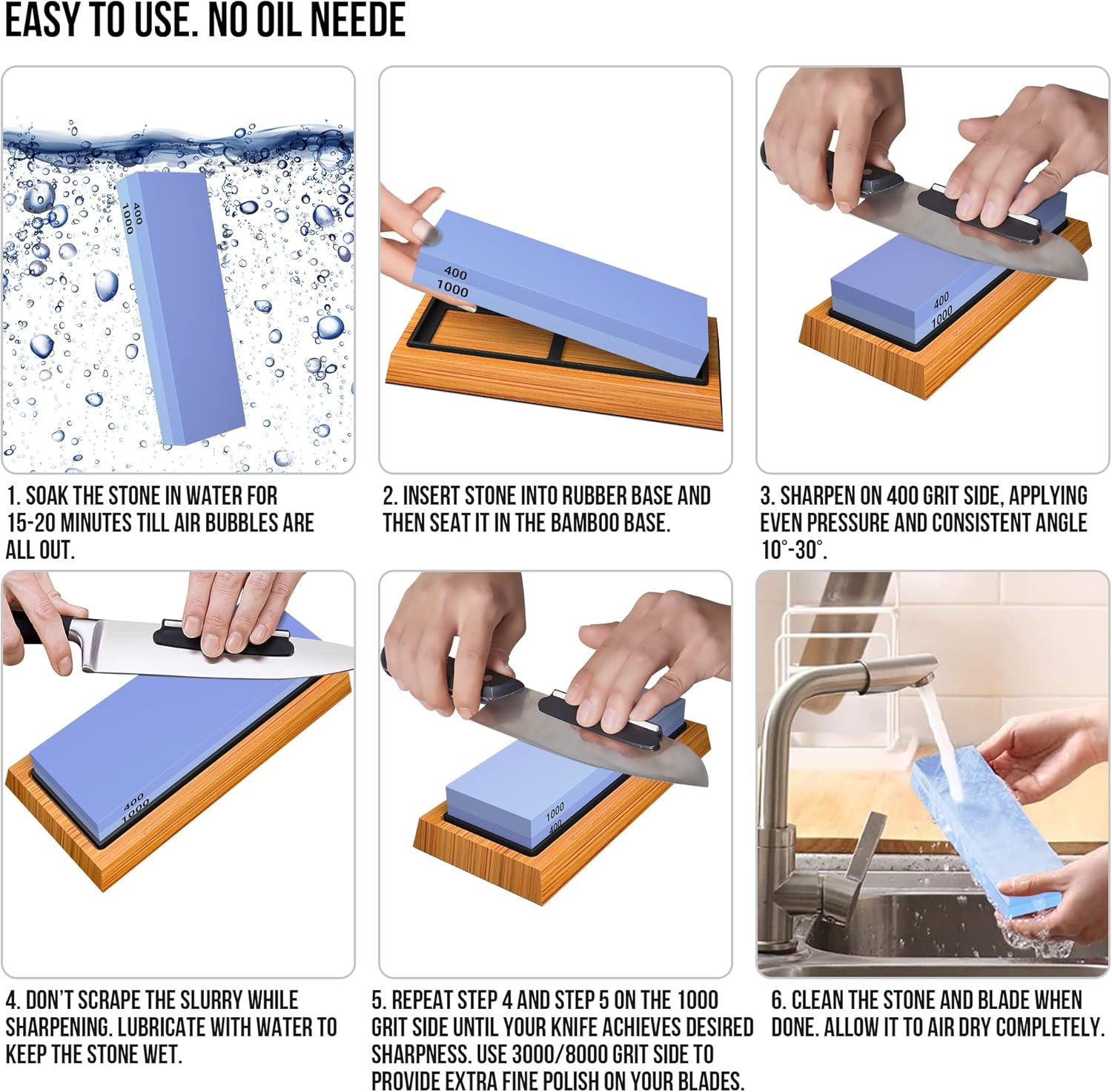 Knife Sharpening Stone Set - Premium 4 Side Grit 400/1000 3000/8000 Whetstone Sharpener Kit - Non-Slip Bamboo Base,Cut Resistant Gloves, Angle Guide,Flatting Stone,Honing Guide,Leather Strop image number 4