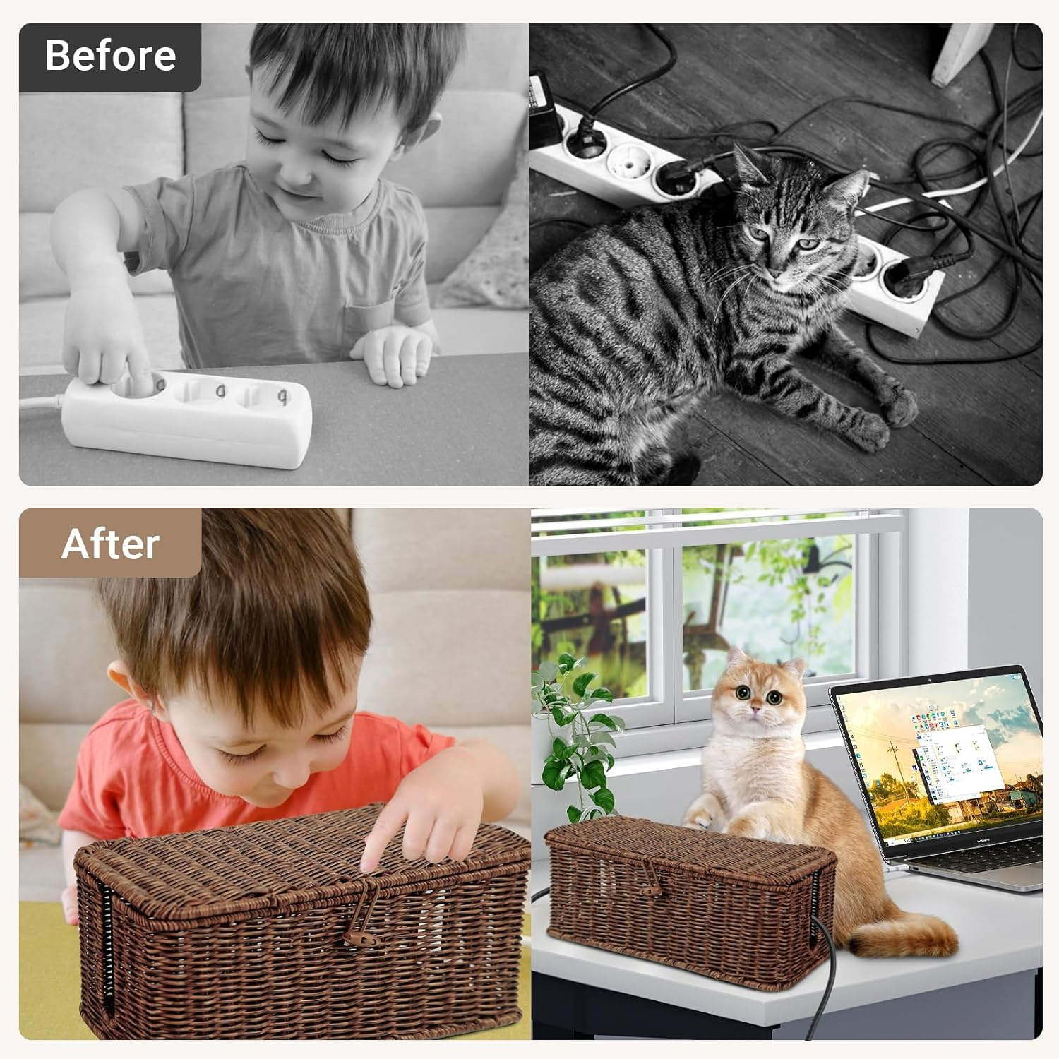 Ixtra 2-Pack Cable Management Box Set, Handwoven Rattan Cord Organizer, Decorative Cord Hider with Lid, Large Cable Organizer for Desk, TV Wires,Power Strips & Cords Brown image number 1