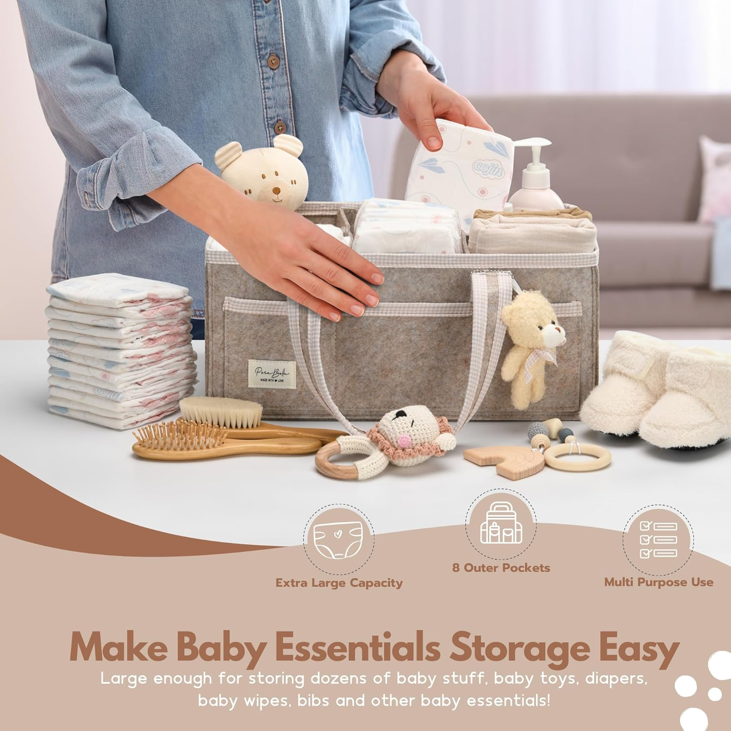 Perabella Diaper Caddy Organizer with Handle, Baby Shower Gifts Basket Bag, Registry Search Must Haves Items, Nursery Storage Organizer for Newborn Girl Boy, Baby Bag Essentials, Car Diaper Caddy Cart image number 2