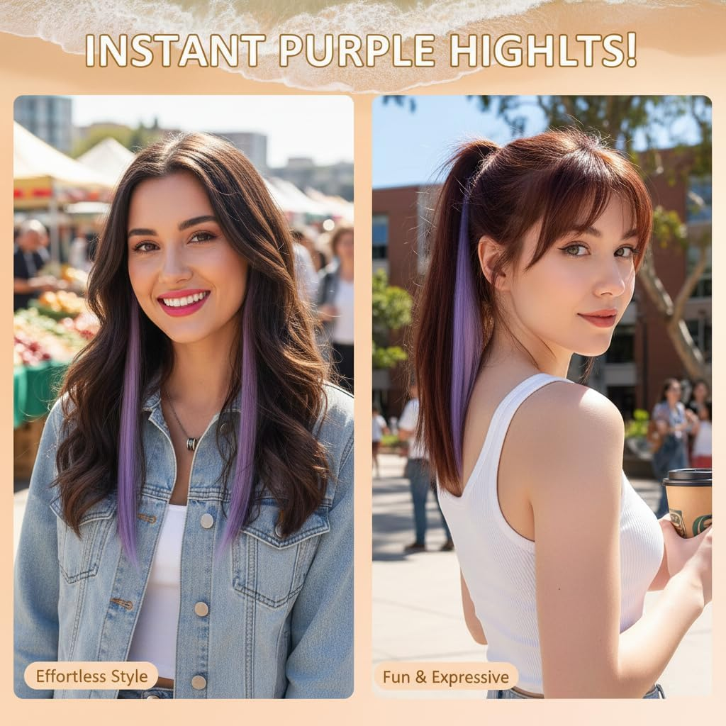 IMTKOOCO Purple Hair Extensions Clip in 4PCS Straight Highlighted Hair Pieces Professional Hair Extensions Clip in for Girls Women Halloween Cosplay Including Purple Hair and Clip in Hair Extensions image number 3