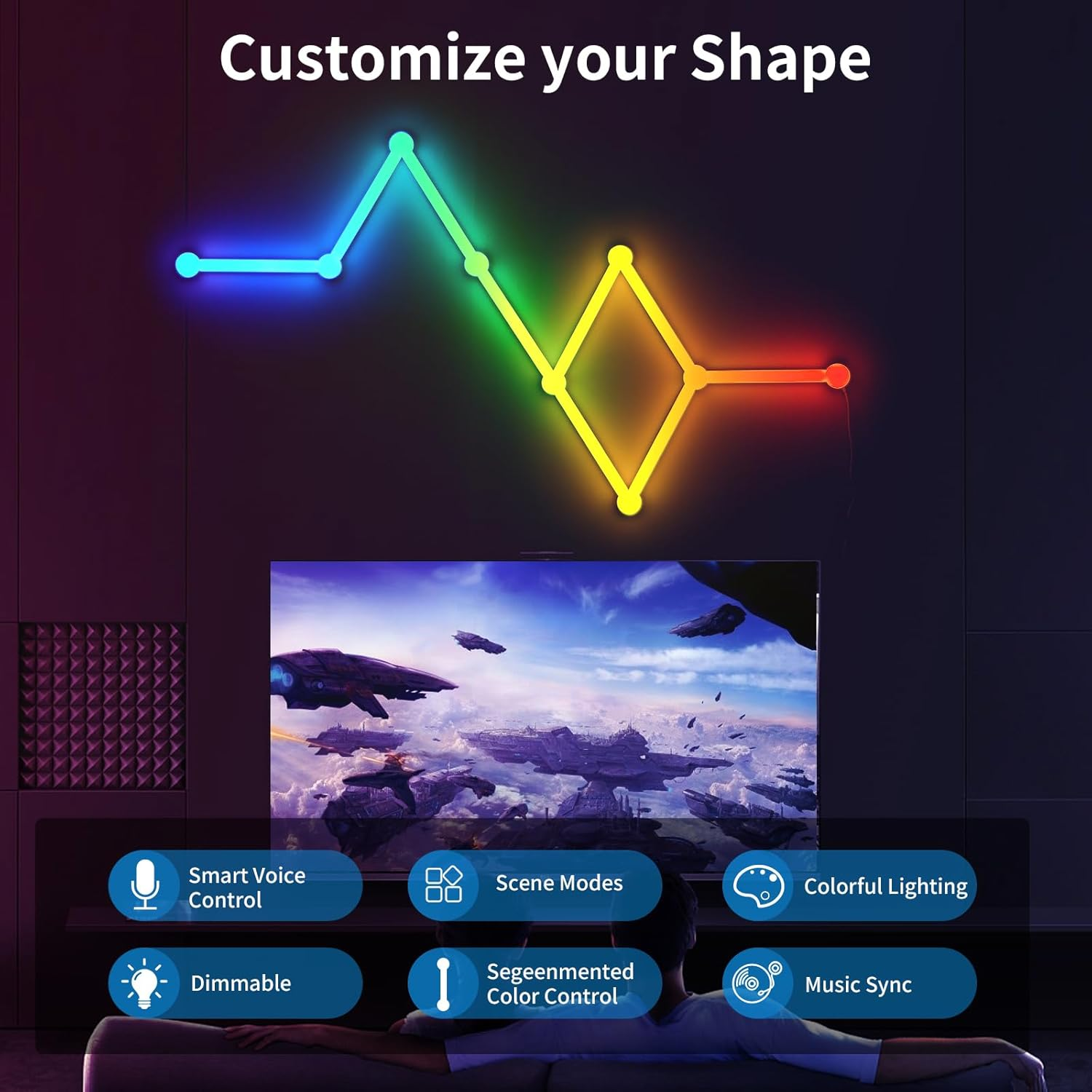 Smart Wifi RGB LED Wall Light Lines, Music Sync DIY Geometry Splicing Gaming Lights, 16M+ Color Changing Home Decor Lights Work with Alexa and Google Assistant for Game Room, Bedroom - 9 Bars image number 1