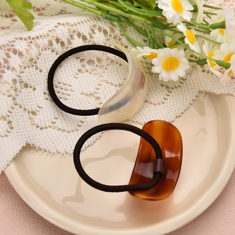 Guqqeuc 2 PCS Tortoise Shell Ponytail Hair Cuffs - Geometric Hair Ties Wrap for Women & Girls - Acetate Ponytail Ring Set for Long Thick Hair - 2 Count (Pack of 2) - Khaki, Pearl White image number 3