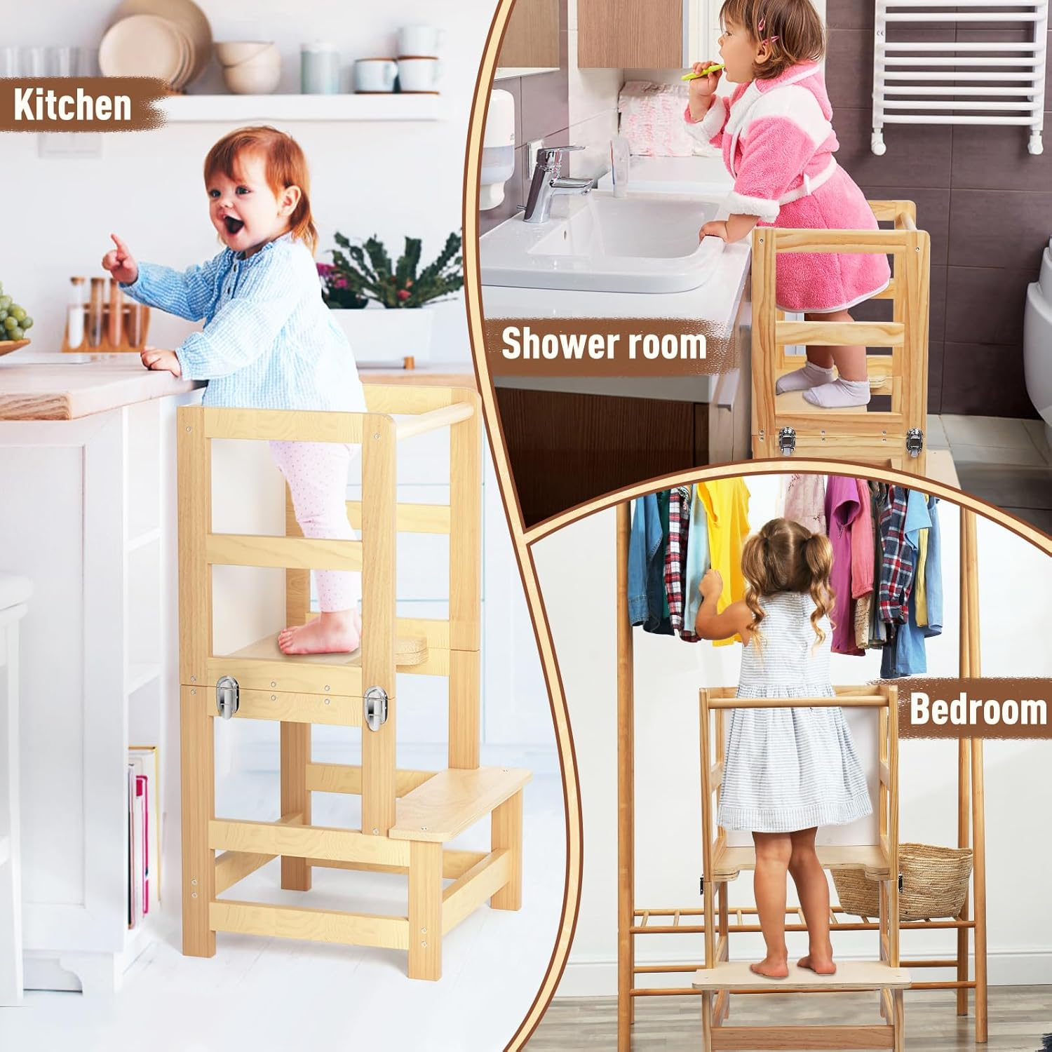 Kids Kitchen Step Stool - FSC Certification, Foldable Anti-Slip Learning Tower with Message Boards| Toddler Standing Tower, Montessori Kitchen Helper and Learning Tower, Toddler Tower, Natural Bamboo image number 5