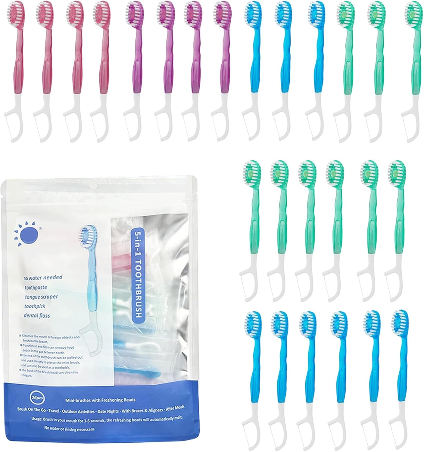 Disposaable Toothbrushes Set - 5-In-1 Portable Pre-Pasted Travel Toothbrush | Portable Travel Offices Orral Care | Toothpaste Toothpick Mini Tongue Scraper for Home Kids Travel Work Camping image number 3
