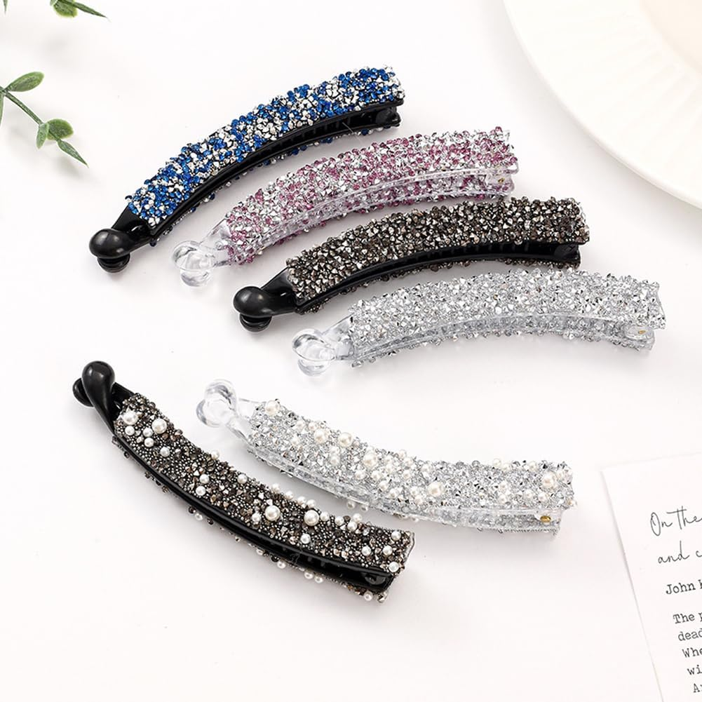 12 Pcs Rhinestones Pearl Banana Hair Clip for Thick Hair, Strong Hold Ponytail Holder Banana Clips Matte French Barrettes Fine Hair Jaw Clips Accessories for Women image number 3