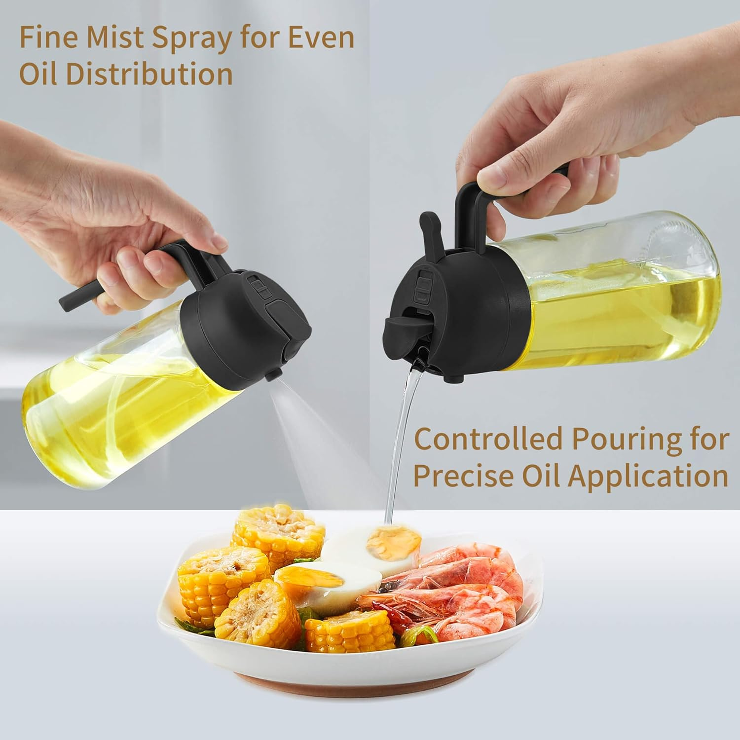 Unbreakable Oil Sprayer for Cooking - 16 OZ Dishwasher-Safe Oil Dispenser Bottle, 2-In-1 Spray & Pour for Olive Oil, Avocado Oil, Vinegar, Soy Sauce, Easy Clean with Removable Lid(Black) image number 4