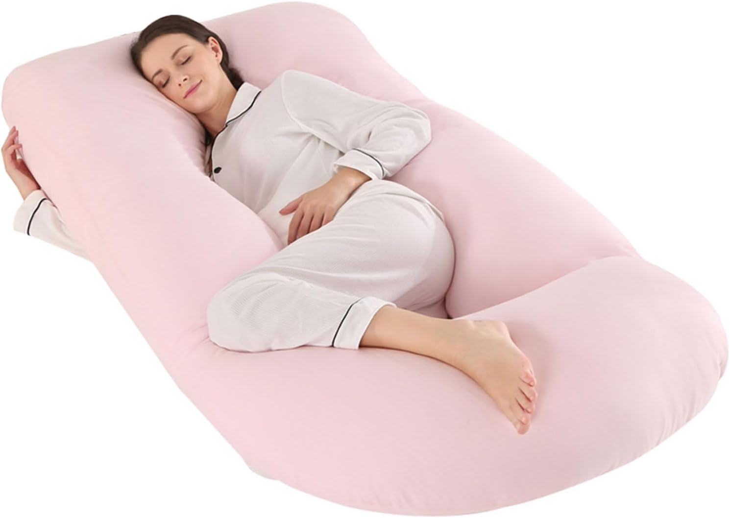 Pregnancy Pillow, Maternity Full Body Pillow for Back, Legs and Belly Support, J Shaped Full Body Pillow for Pregnant Women and Side Sleepers with Removable Cover (Knitted Cotton, Pink) image number 6